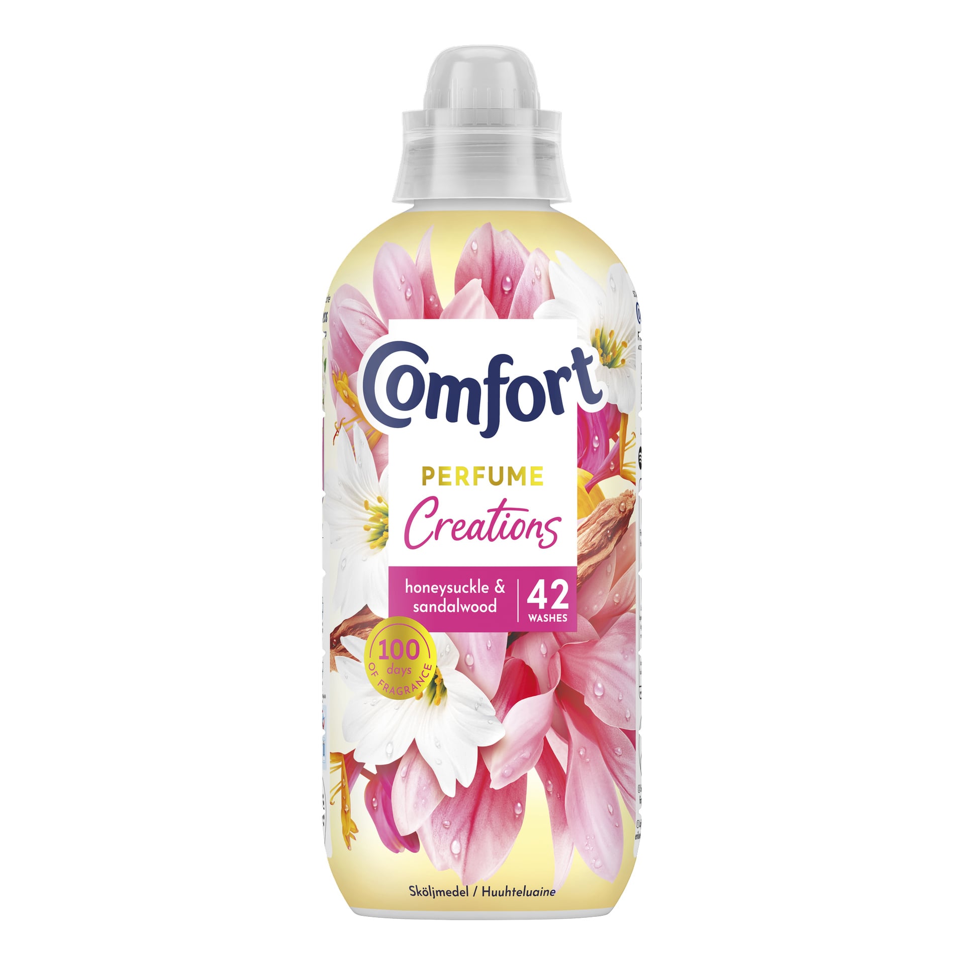 Pullo Comfort Softener Honeysuckle & Sandalwoodia, jonka pakkauksessa on vaaleanpunaisia ja valkoisia kukkia. Etiketissä lukee "42 pesua.".