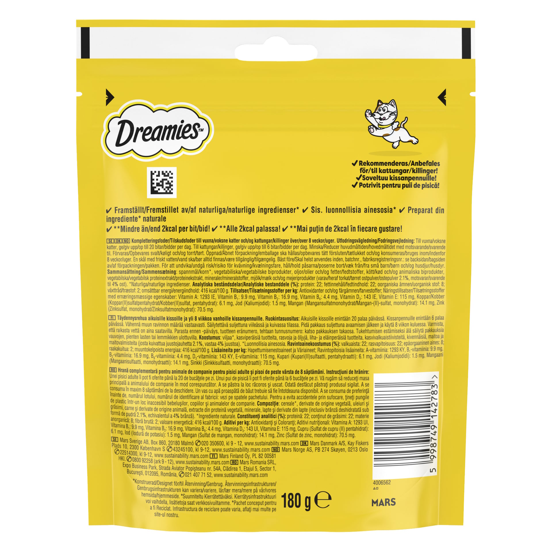 Baksidan av ett gult Dreamies 180g kattgodispaket har matningsriktlinjer, en ingredienslista, en streckkod och en tecknad katt uppe till höger. Texten innehåller fraser som Matinstruktioner och ingredienser.