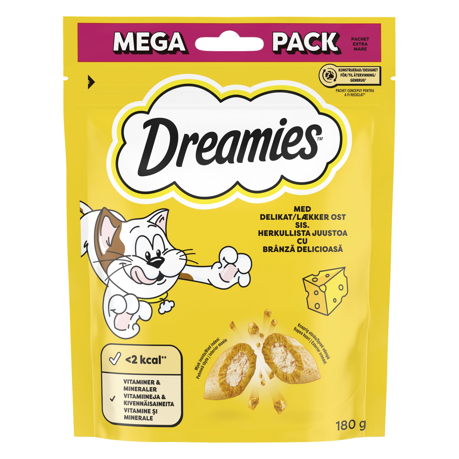Ett gult 180g Dreamies kattgodis Mega Pack visar en illustrerad katt som sträcker sig efter godis, med bilder av ost och godis på förpackningen. Paketet visar ostsmak, vitaminer, mineraler och kalorier.