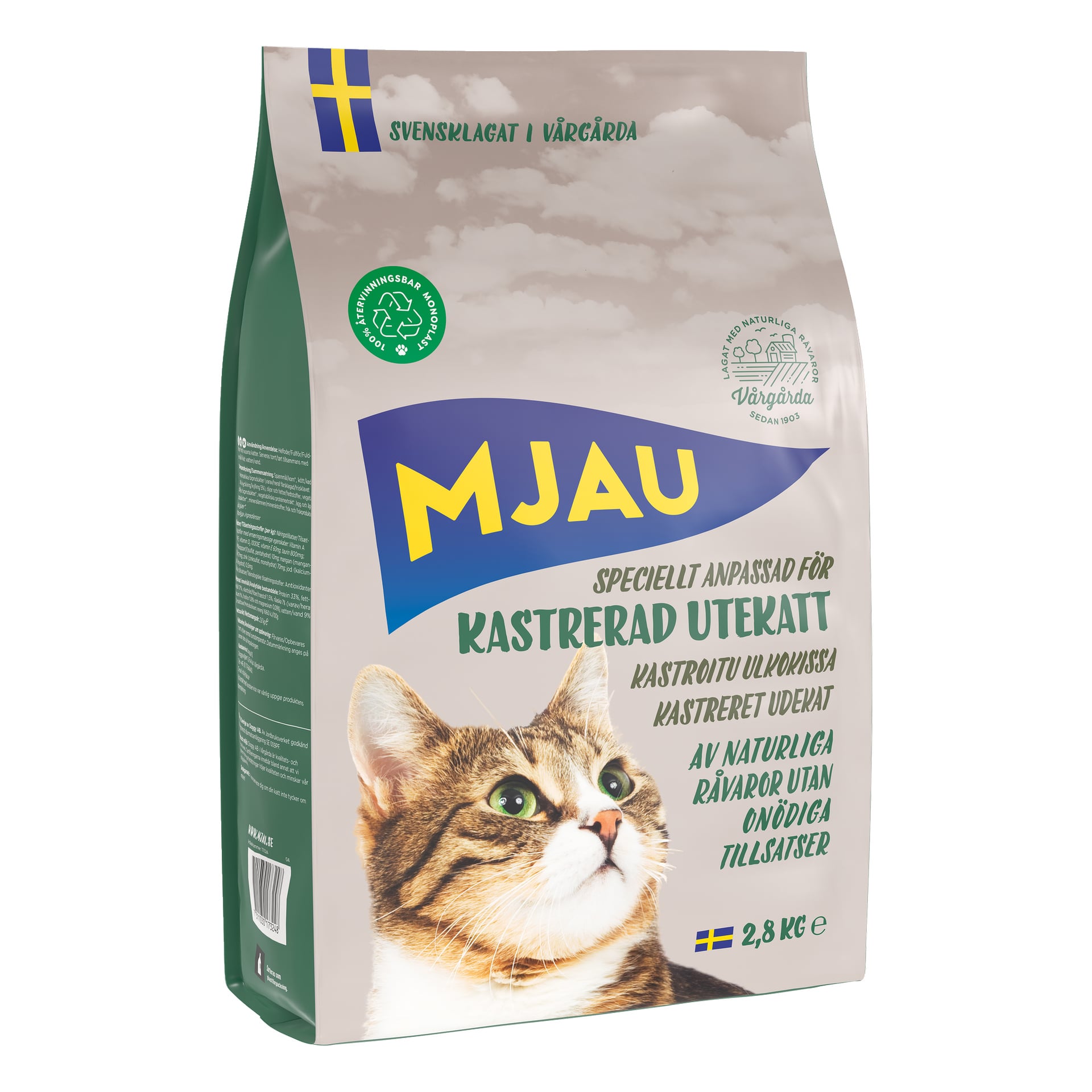 En 2,8 kg beige och grön påse med torr kattmat Kastrerad utekatt av Mjau, med foto av en tabbykatt, en svensk flagga och texten naturliga råvaror utan onödiga tillsatser.