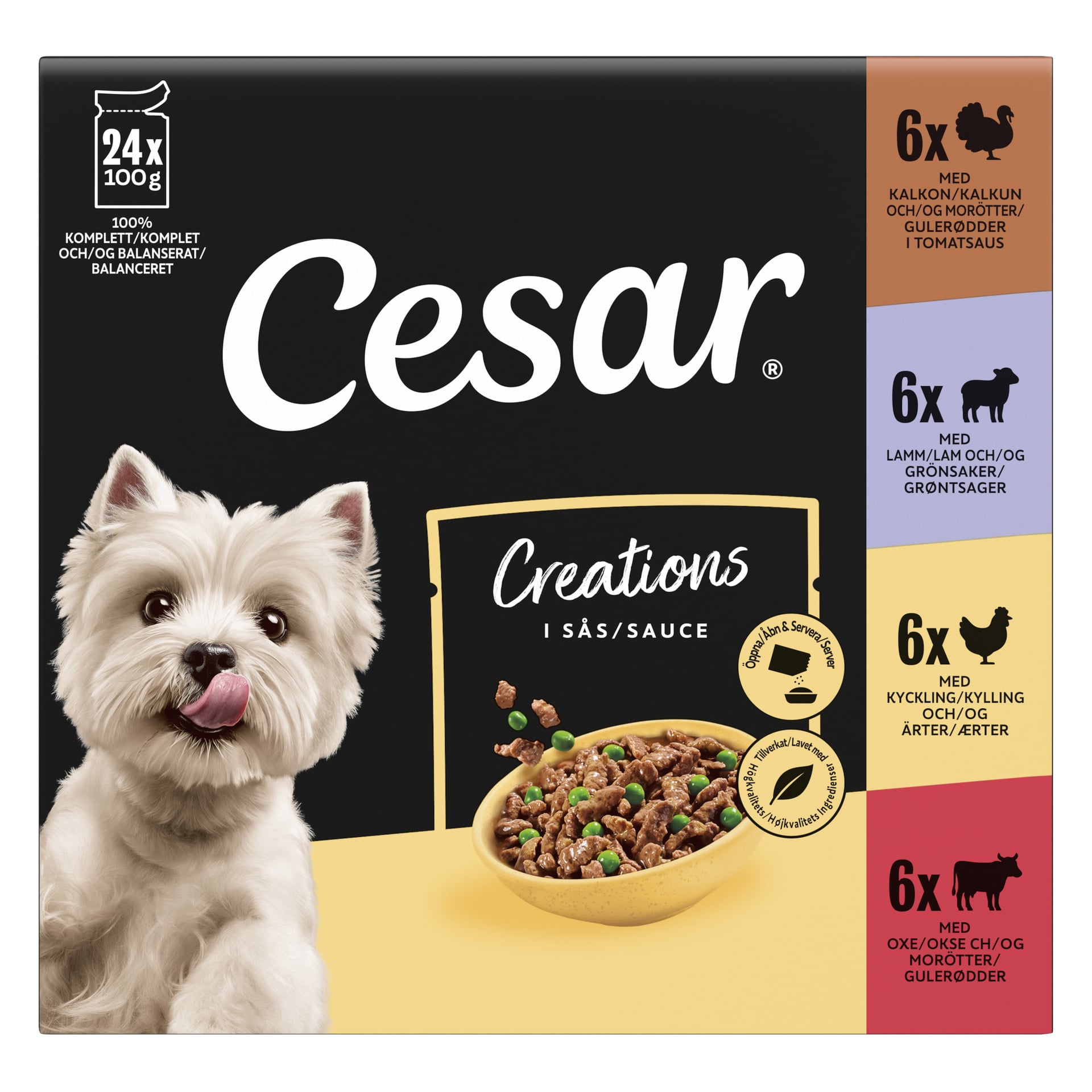 Ett paket Cesar Wet hundmat Adult Selection med en vit hund, en skål mat och ikoner för fyra smaker: kalkon, lamm, kyckling och nötkött. Texten lyder 24 paket.