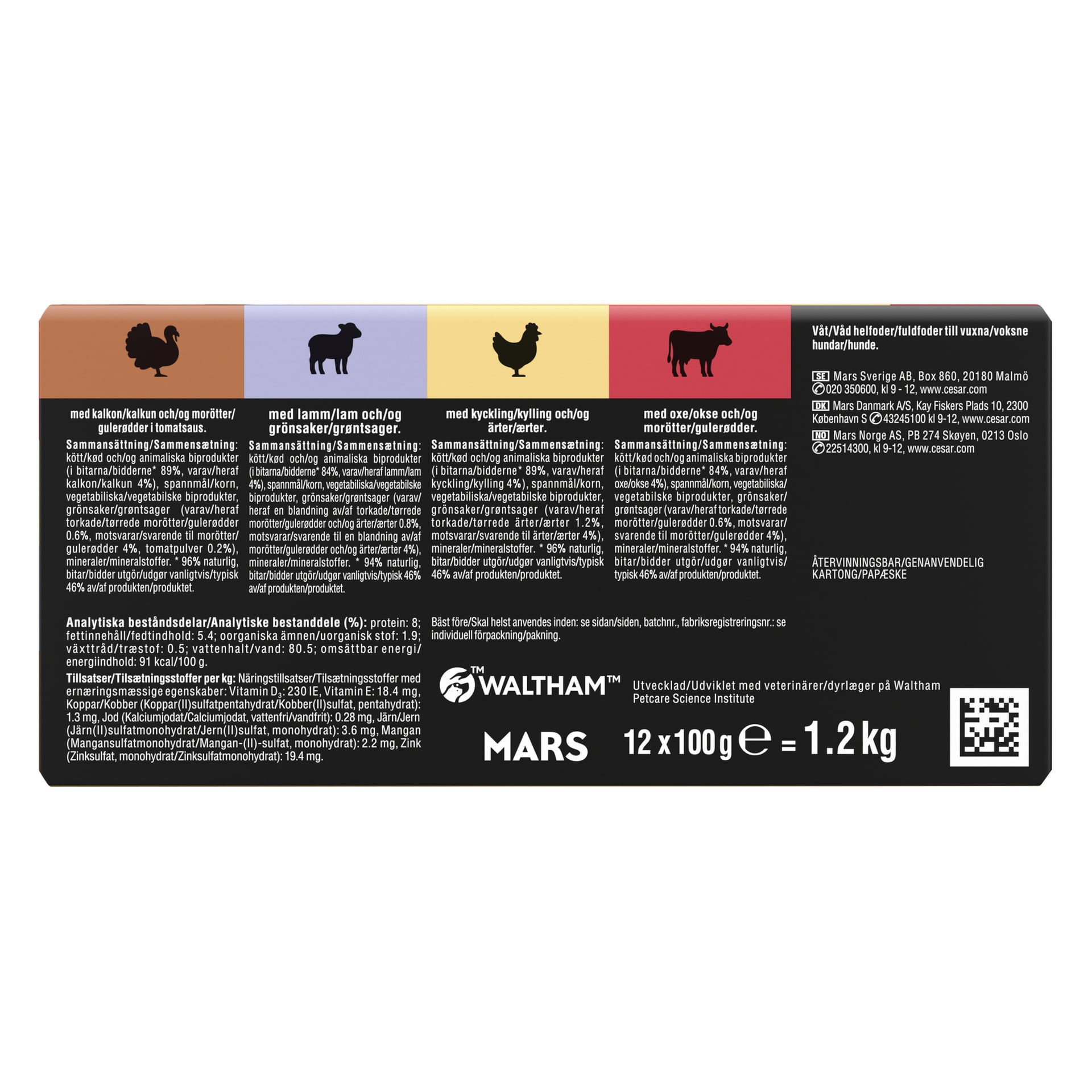 En förpackningsetikett för Wet dog Adult Selection av Cesar som visar ingrediens- och näringsinformation, med ikoner för olika animaliska proteiner och detaljerad text i kolumnerna. Etiketten innehåller citat som Våtfoder för vuxna hundar och Aikuisille koirille tarkoitettu märkäruoka.