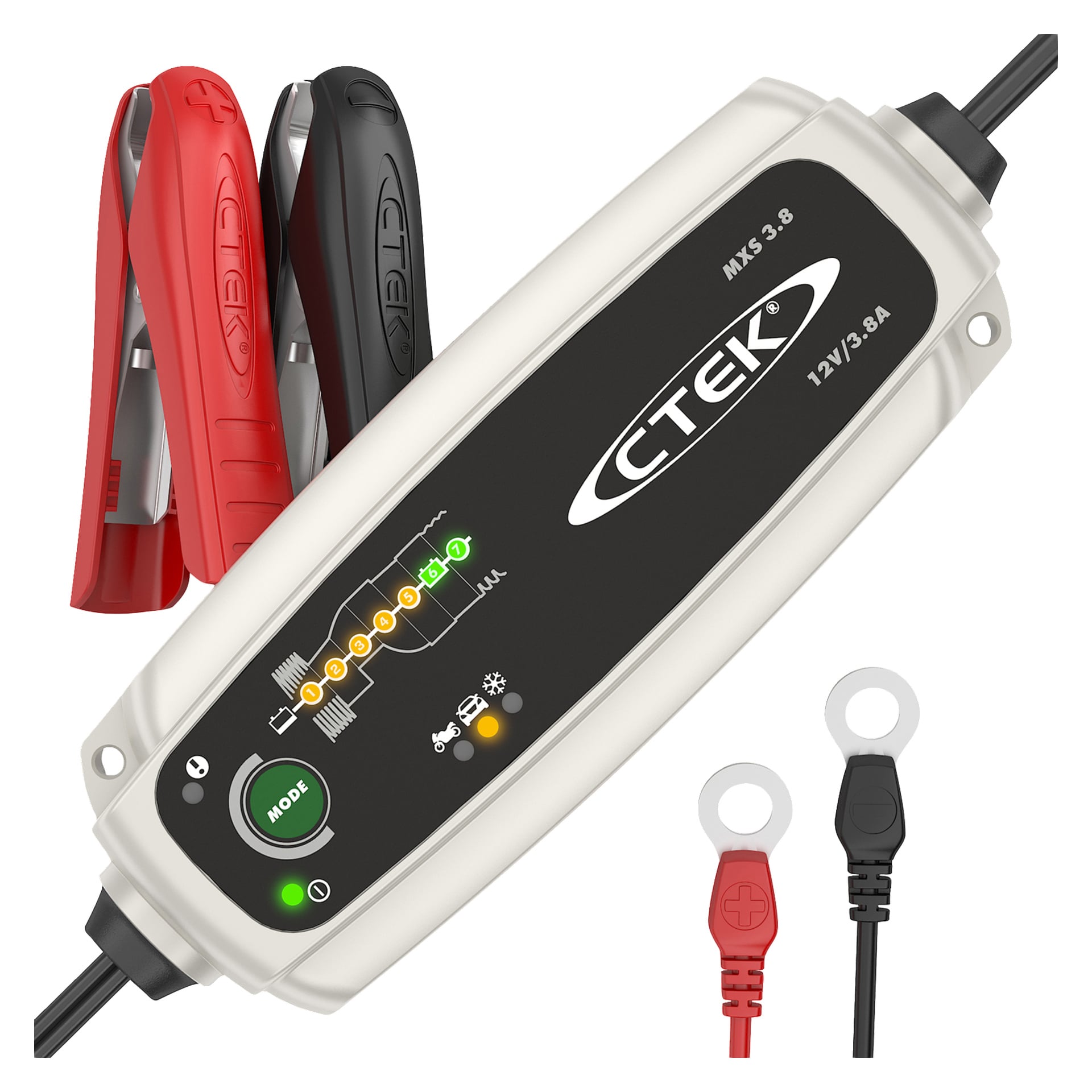 CTEK Battery and Charging Kit MXS 3.8 (5 części) pokazuje kontrolki z przodu, jest wyposażony w czerwone i czarne klipsy aligator, złącza pierścieniowe z kablami oraz wyświetla "12V/3.8A" wraz z kilkoma ikonami operacyjnymi.