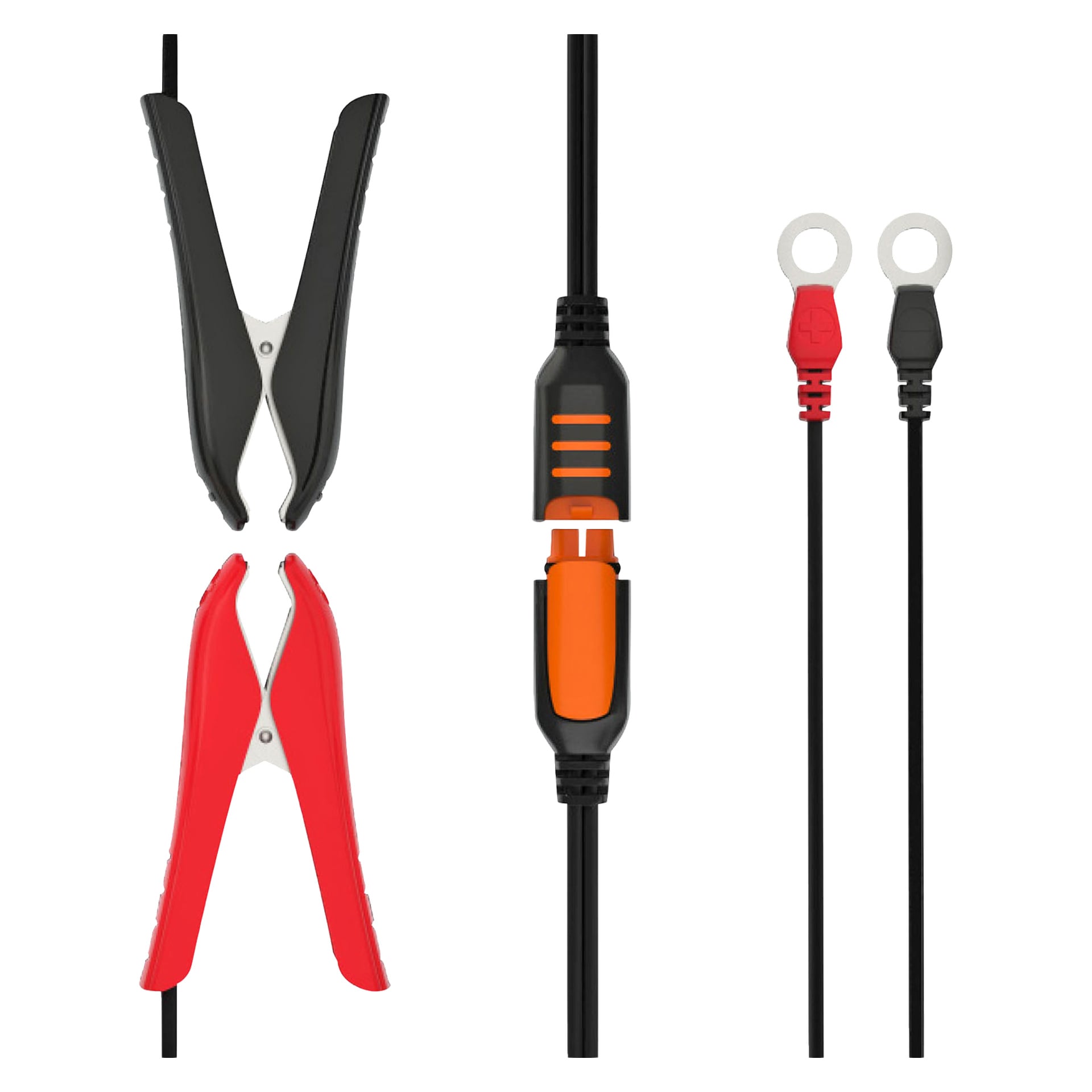CTEK Battery and Charging Kit MXS 3.8 (5 części) jest pokazany z kablami rozruchowymi z czerwonymi i czarnymi zaciskami po lewej stronie, czarnym kablem z pomarańczowym złączem na środku oraz dwoma zaciskami pierścieniowymi — jednym czerwonym, jednym czarnym — po prawej.