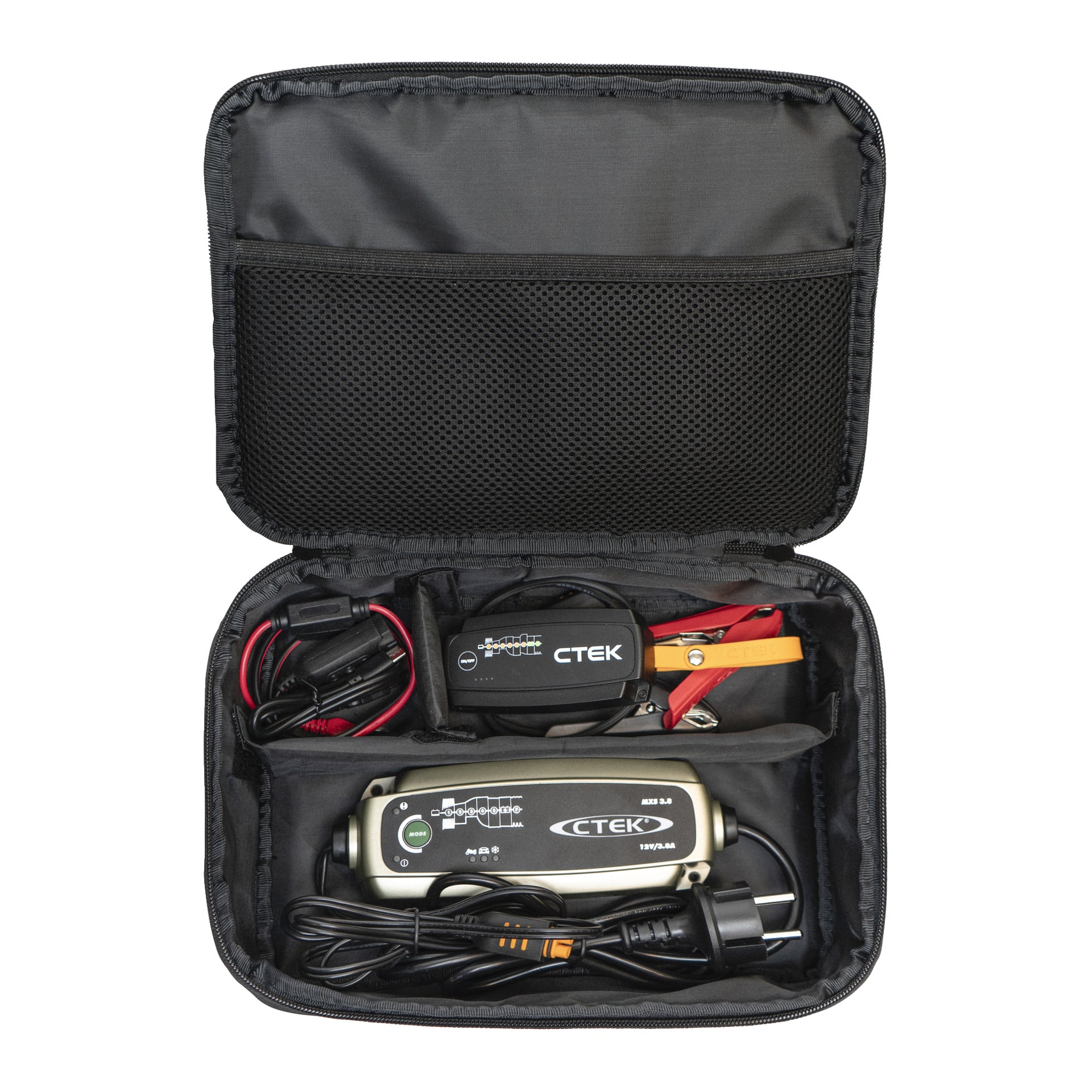 CTEK Battery and Charging Kit MXS 3.8 (5 części) jest dostępny w czarnej obudowie z zamkiem na zamek, z osobnymi schowkami na ładowarkę, kablami ładowającymi z zaciskami oraz kablem zasilającym.