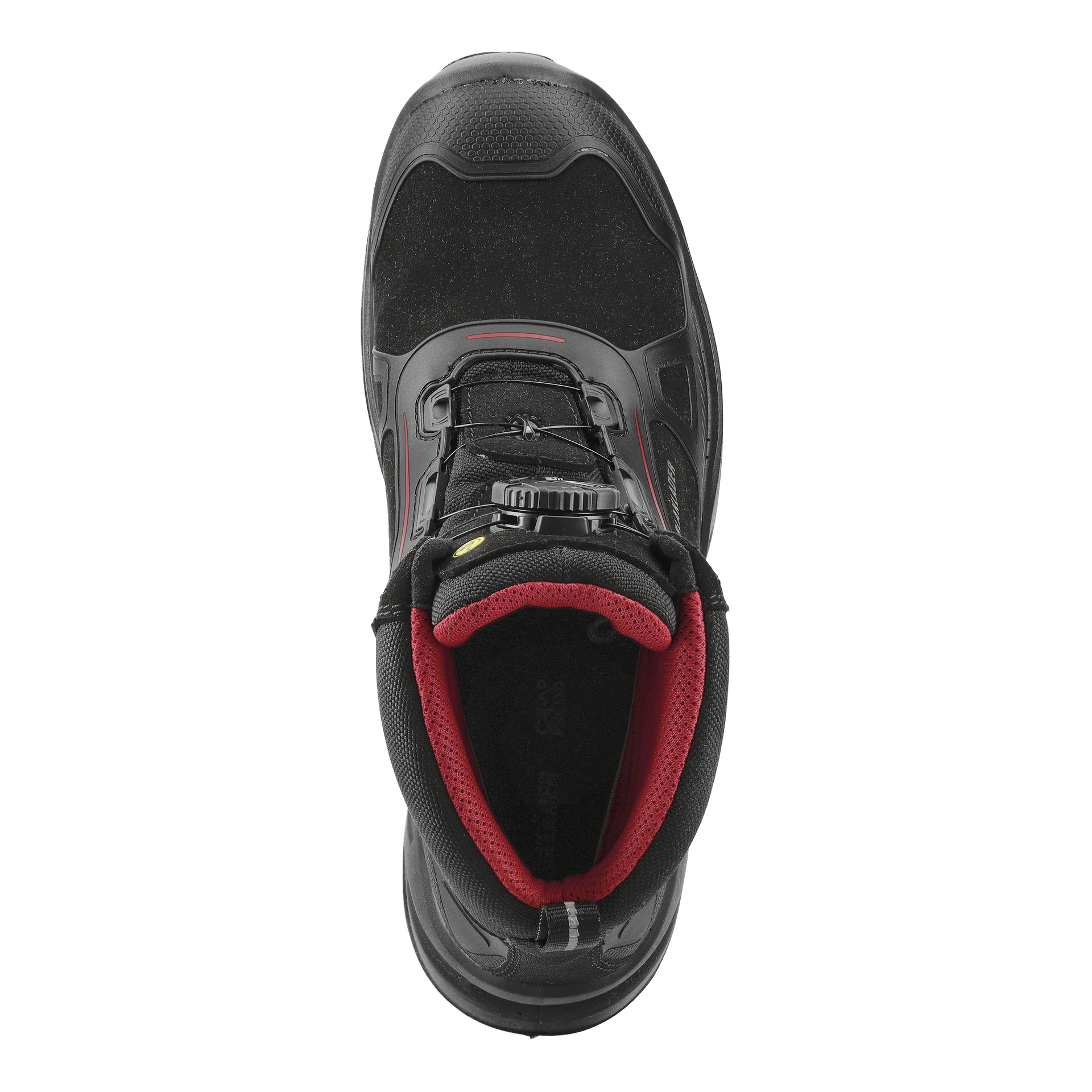 Ovanifrån vy av en svart Blaklader säkerhetssko med rött innerfoder och snörningssystem baserat på urtagare.