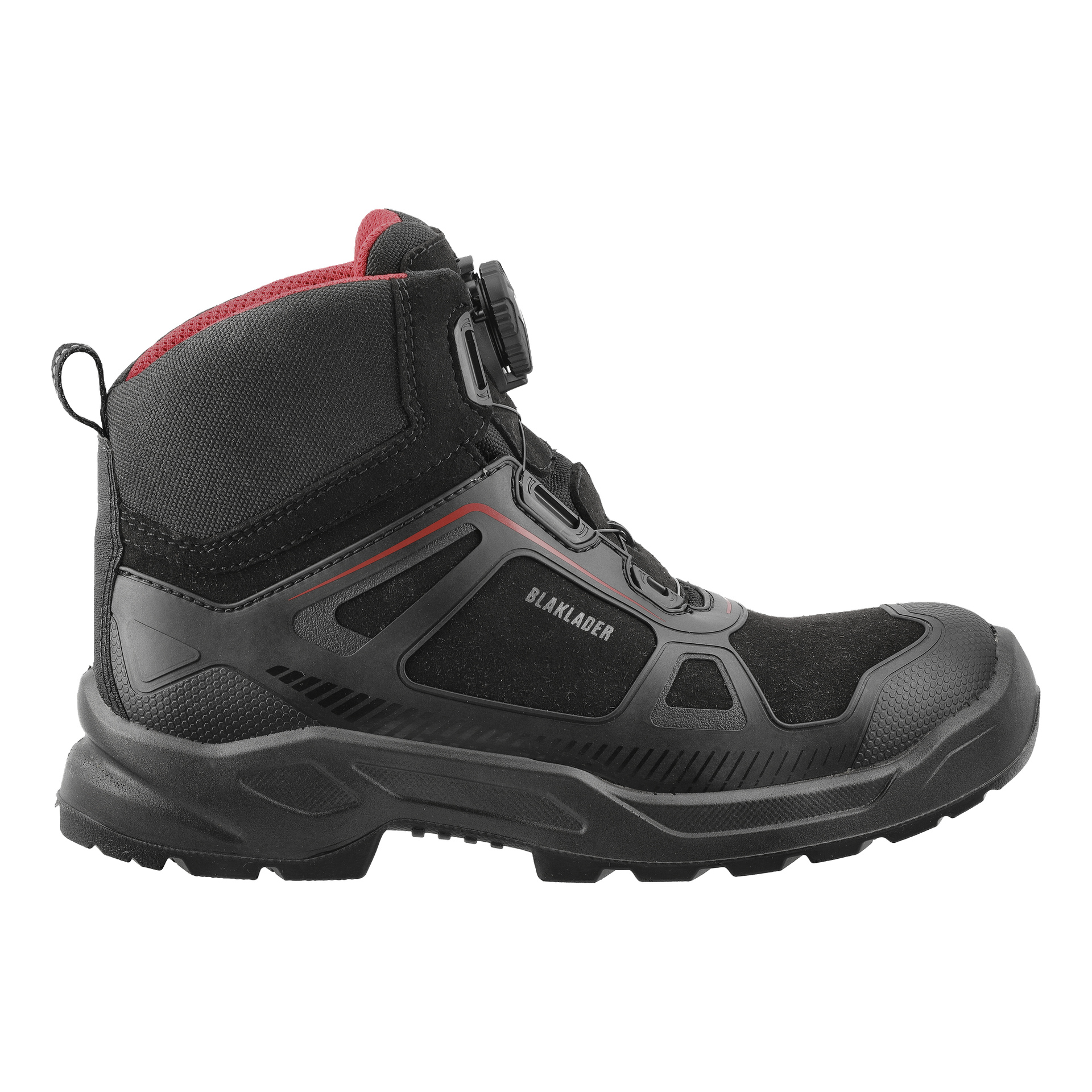 Svarta höga Blaklader säkerhetsskor med röd krage, ett snörsystem med uppringning och varumärket Blaklader tryckt på sidan.