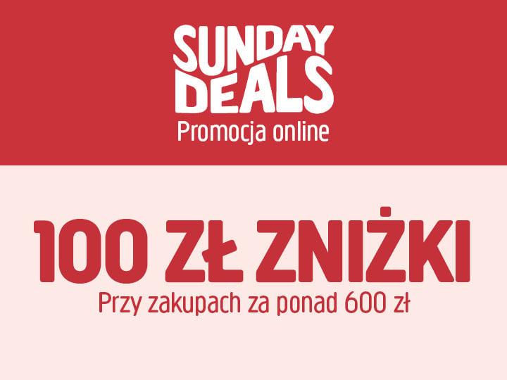 Czerwono-biały baner promocyjny przedstawiający zniżkę w wysokości 100 zł przy zakupach powyżej 600 zł, z pogrubionym napisem podkreślającym hasła „Niedzielne okazje” i „Promocja online”.