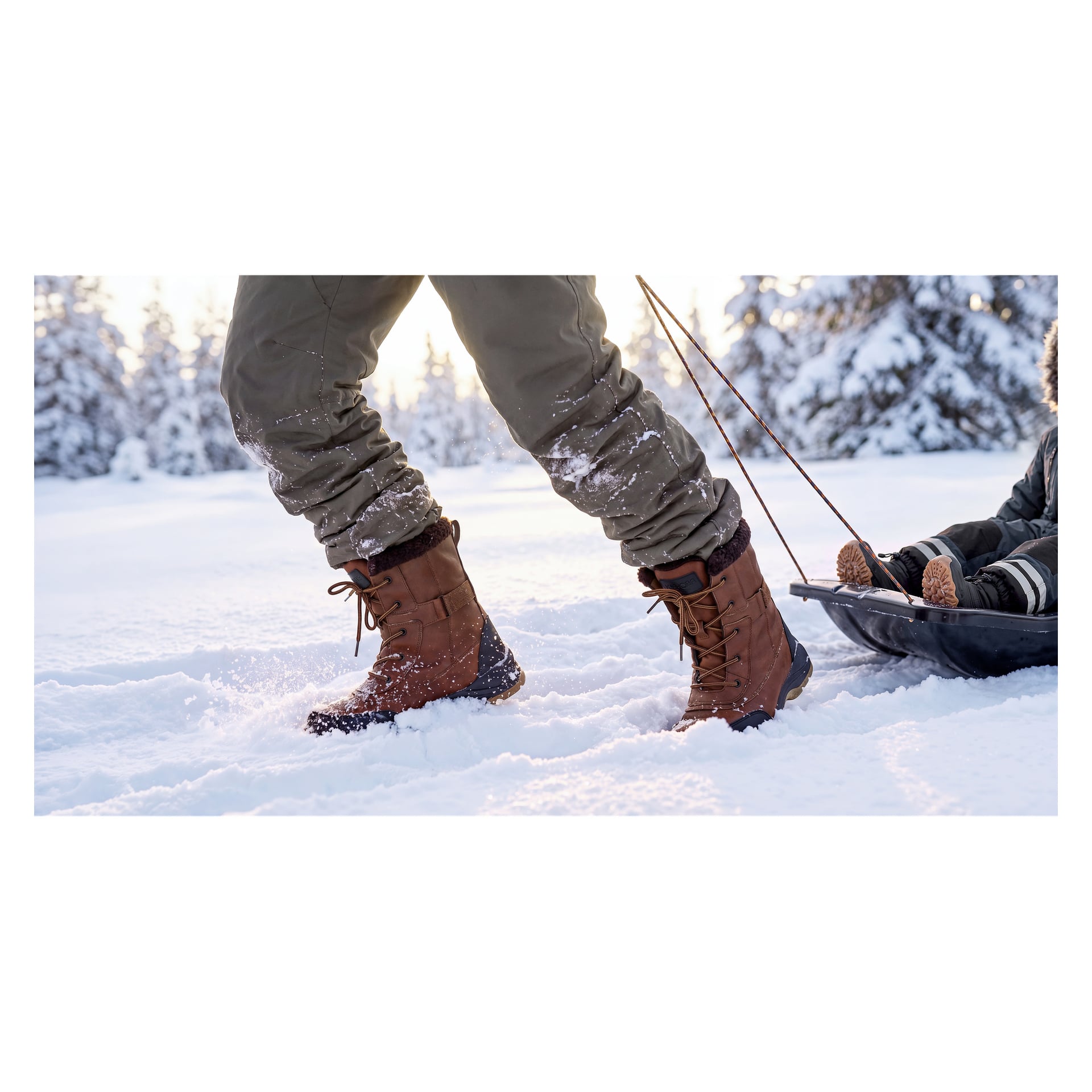 Eine Person, die olivgrüne Hosen und braune Kayoba Outdoor-Winterstiefel trägt, zieht ein Kind auf einem Schlitten durch tiefen Schnee.