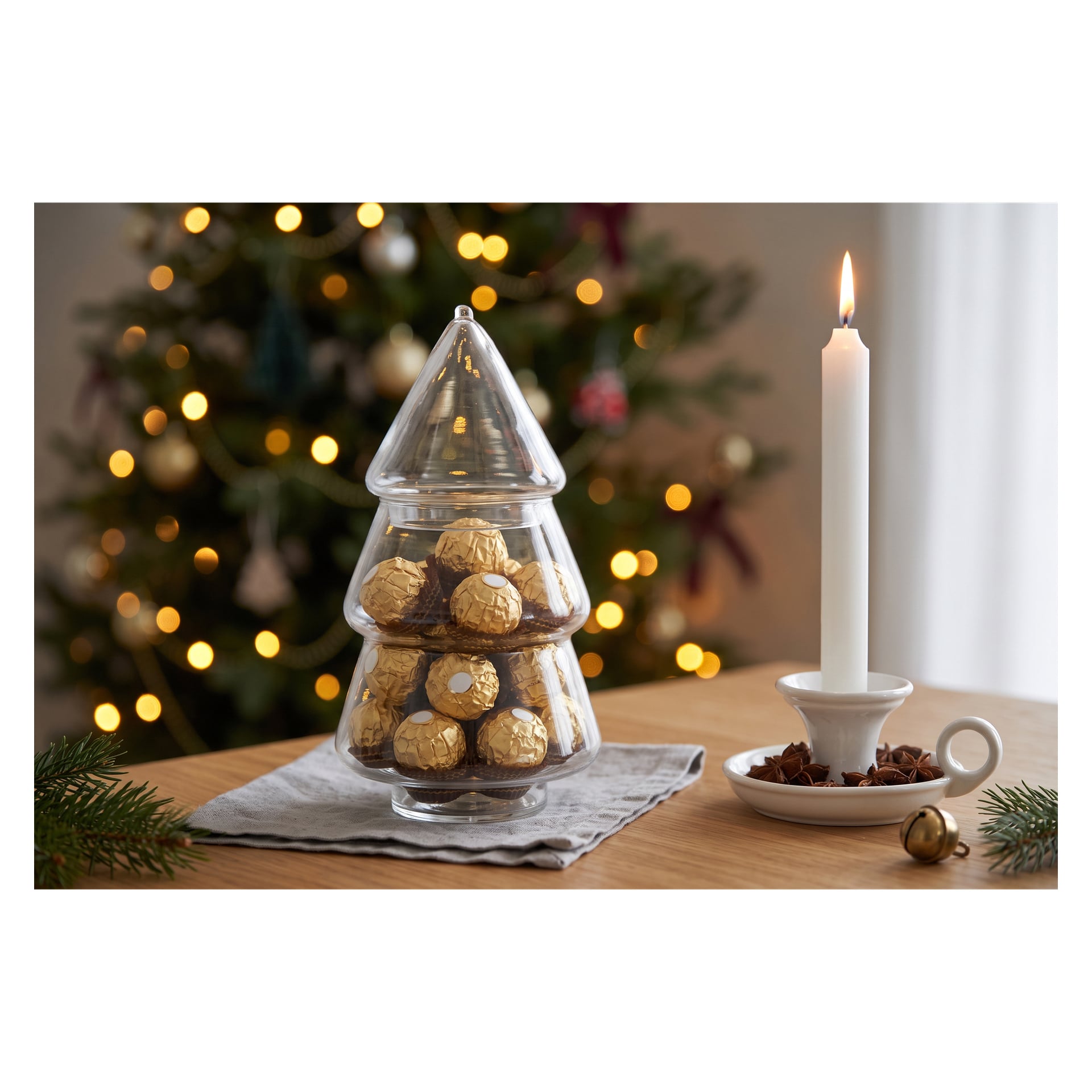 Ein EKVIP-Glasgefäß in Form eines Weihnachtsbaums", gefüllt mit goldumwickelten Pralinen, steht auf einem Tisch neben einer leuchtend weißen Kerze in seinem Halter und einem Teller mit Sternanis; im Hintergrund spenden die verschwommenen Lichter eines geschmückten Weihnachtsbaums ein sanftes, festliches Leuchten.