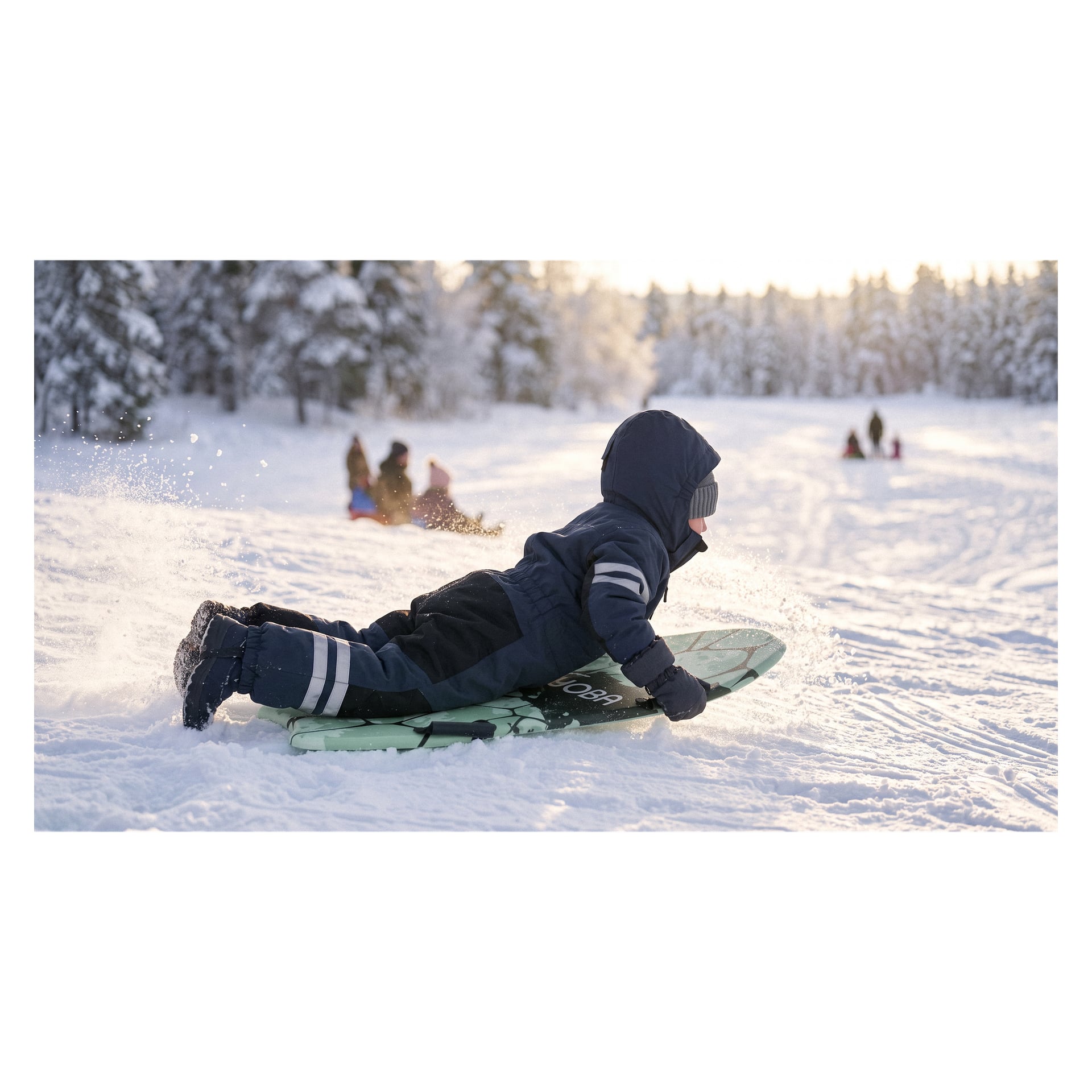 Ein Kind in Winterkleidung, das auf dem Bauch auf einem Kayoba-Snowboard liegt und einen verschneiten Hügel hinunterrutscht.
