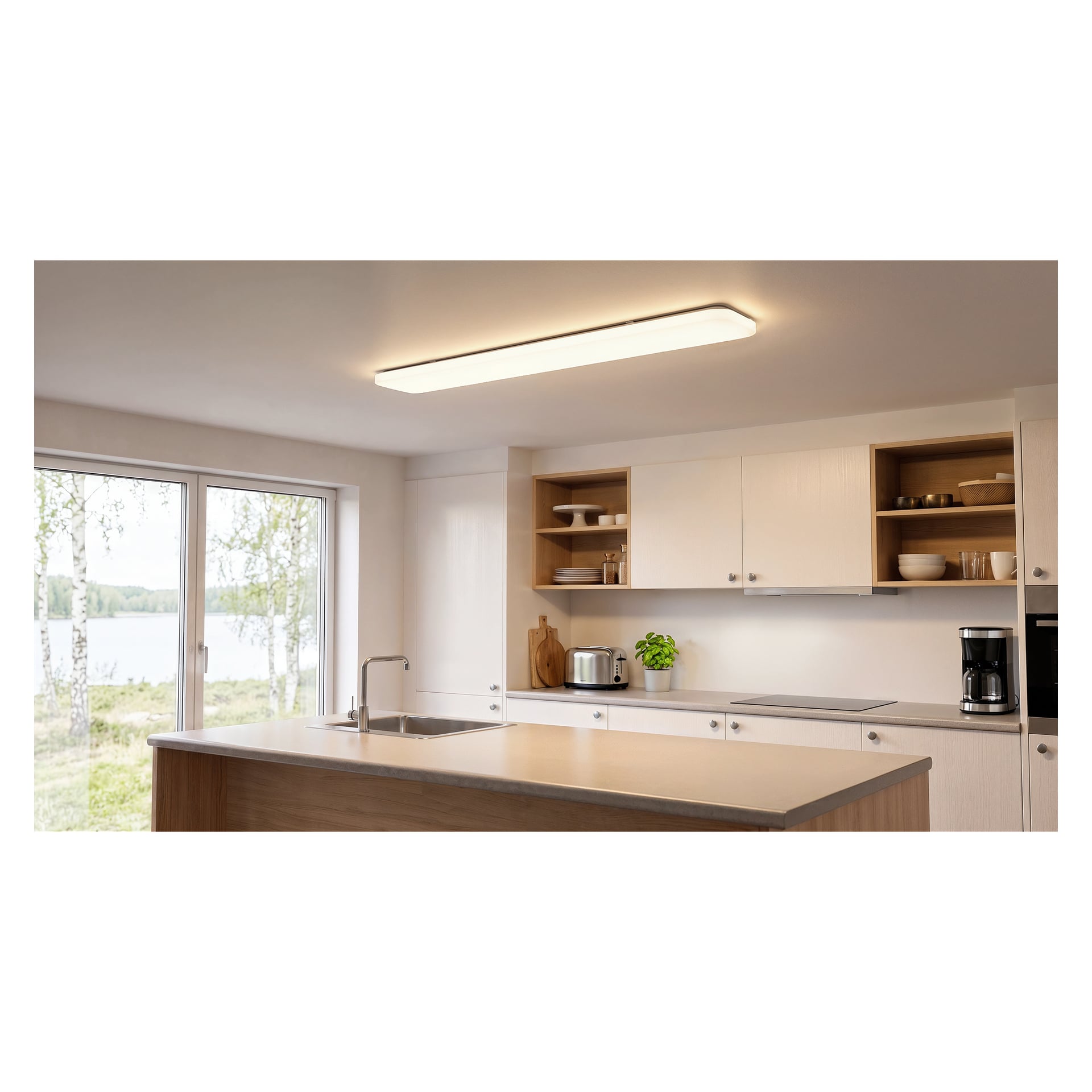 En Anslut LED-lampe formet som en lang rektangulær armatur montert i taket på et moderne kjøkken.