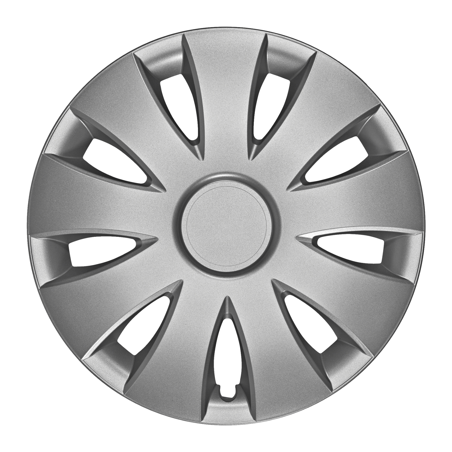 Srebrna pokrywa kola Hamron Wheel Side 1 Pack z dziesięcioma owalnymi otworami równomiernie rozmieszczonymi wokół krawędzi i gładkim, okrągłym środkiem, prezentującym zrównoważony, nowoczesny metaliczny wygląd.