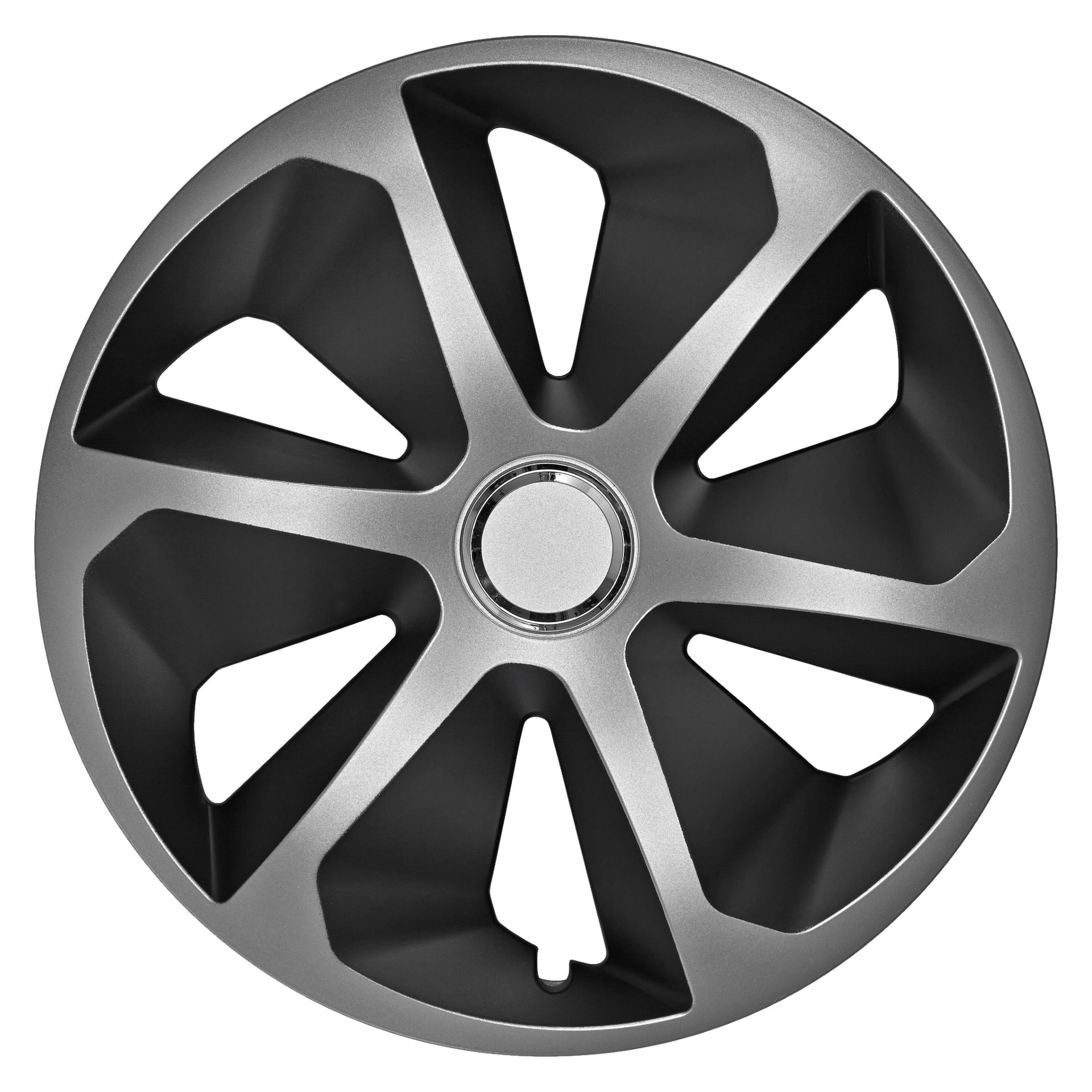Na zdjęciu pokazano pakiet Hamron Wheel side 1, przedstawiający metalową pokrywę kół samochodu z pięcioma szprychami w naprzemiennym wzorze srebra i czerni, umieszczoną wokół okrągłego piasty. Pokrywa kół jest widoczna bezpośrednio z góry.