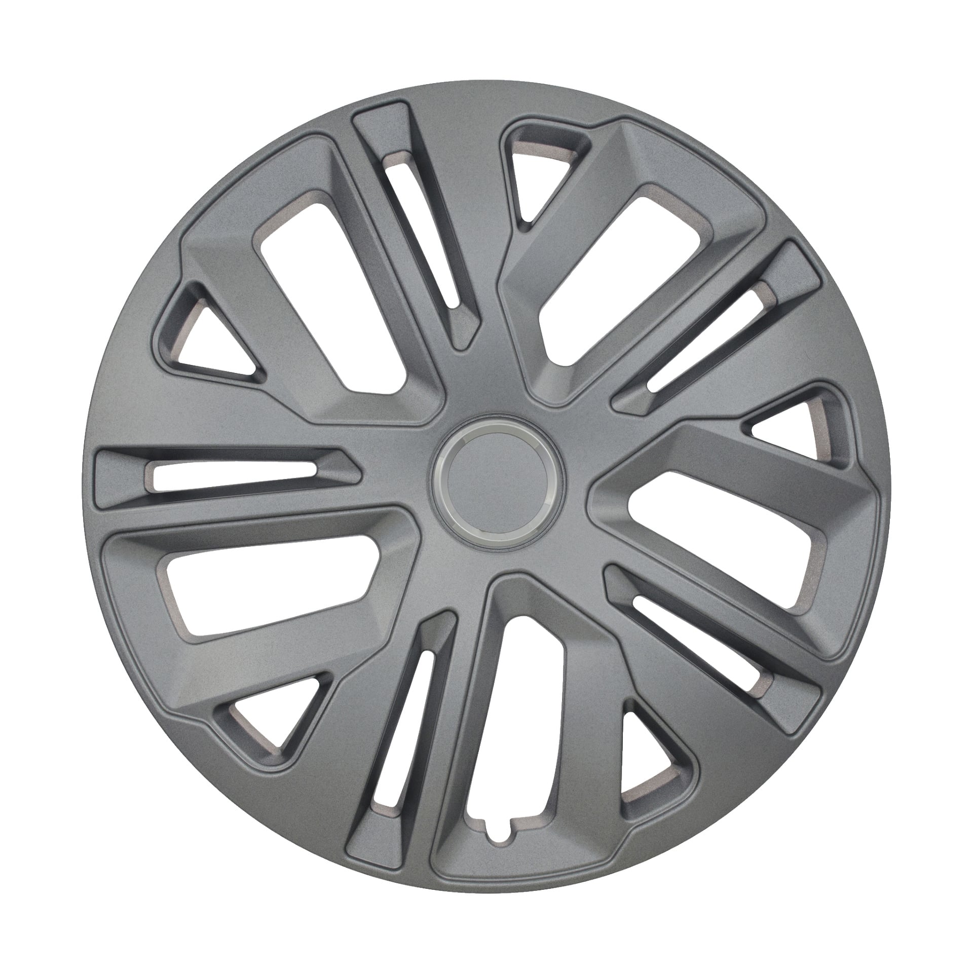 Pojedynczy pakiet Hamron Wheel side 1 przedstawia szarą, okrągłą pokrywę koła z geometrycznym wzorem wieloramiennym oraz kanciaste szprychy z wycięciami. Środek osłony jest solidny.