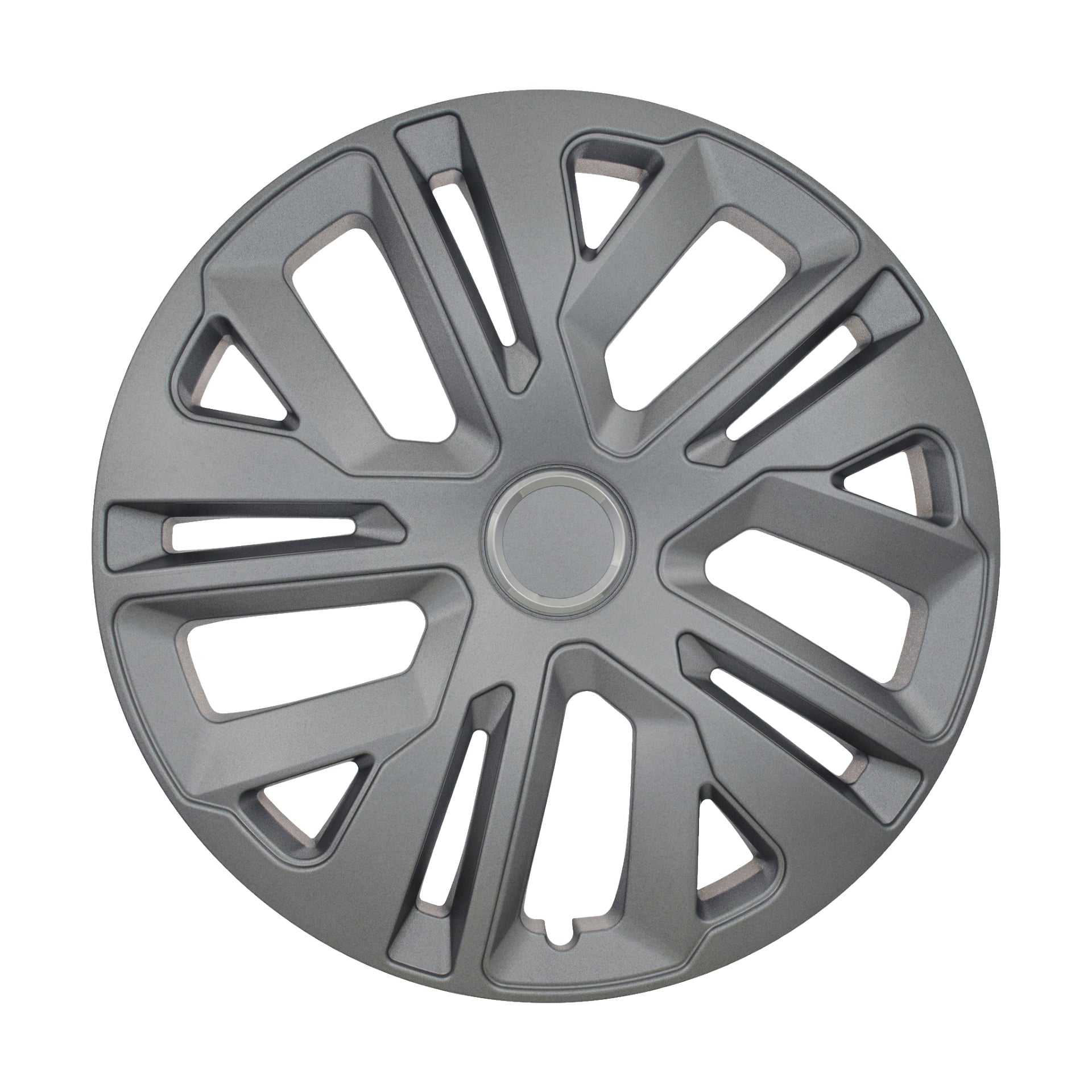 Harmaa Hamron Wheel Side 1 Pack -auton vannekapselli, muovista, suunniteltu pyöreällä keskipisteellä ja useilla tasavälein sijoitetuilla geometrisilla leikkauksilla mattapintaisina, ilman merkkimerkintöjä tai logoja.