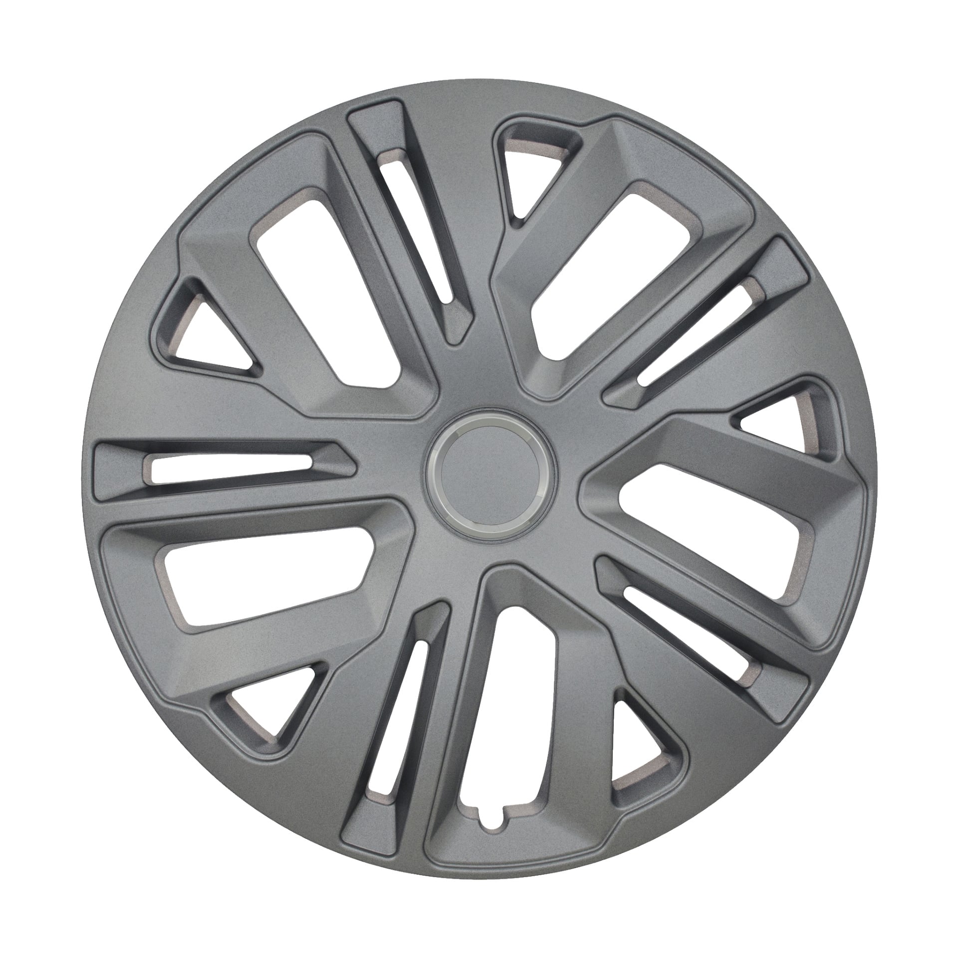 Ett Hamrongrått plasthjulsskydd från "Wheel side 1 pack" med rund mittpunkt och jämnt fördelade geometriska utskärningar som bildar en balanserad design runt navkapslen.