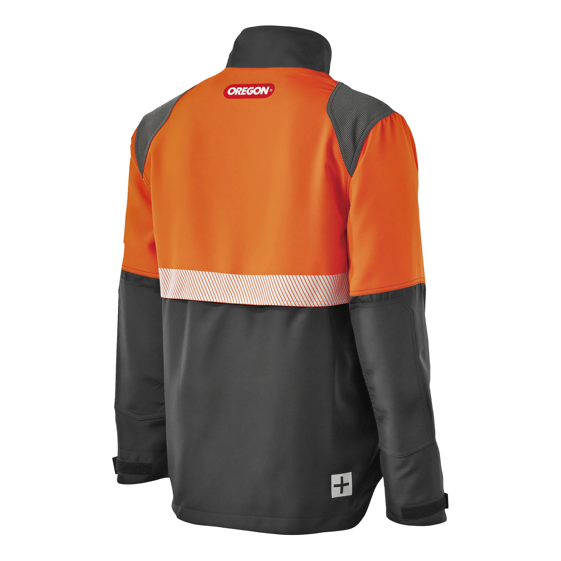 Baksida av en Oregon Protect Plus högsynlig orange och svart arbetsjacka med en reflekterande horisontell remsa och en fyrkantig lapp med en plusskylt på nedre ryggen.