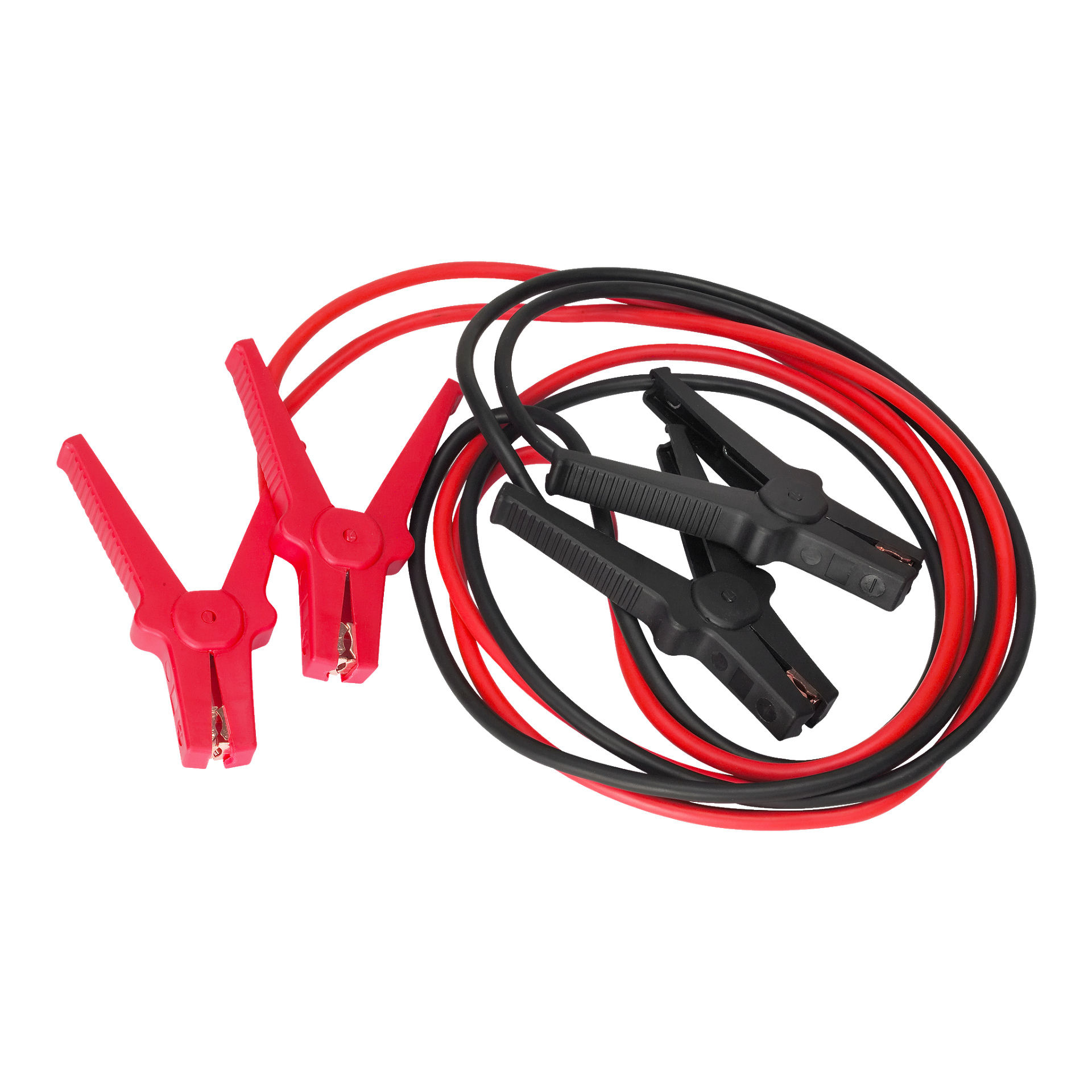 Kabel Hamron Jump z czerwonymi i czarnymi kablami oraz pasującymi zaciskami, zwijany i przeznaczony do rozruchu akumulatorów samochodowych.