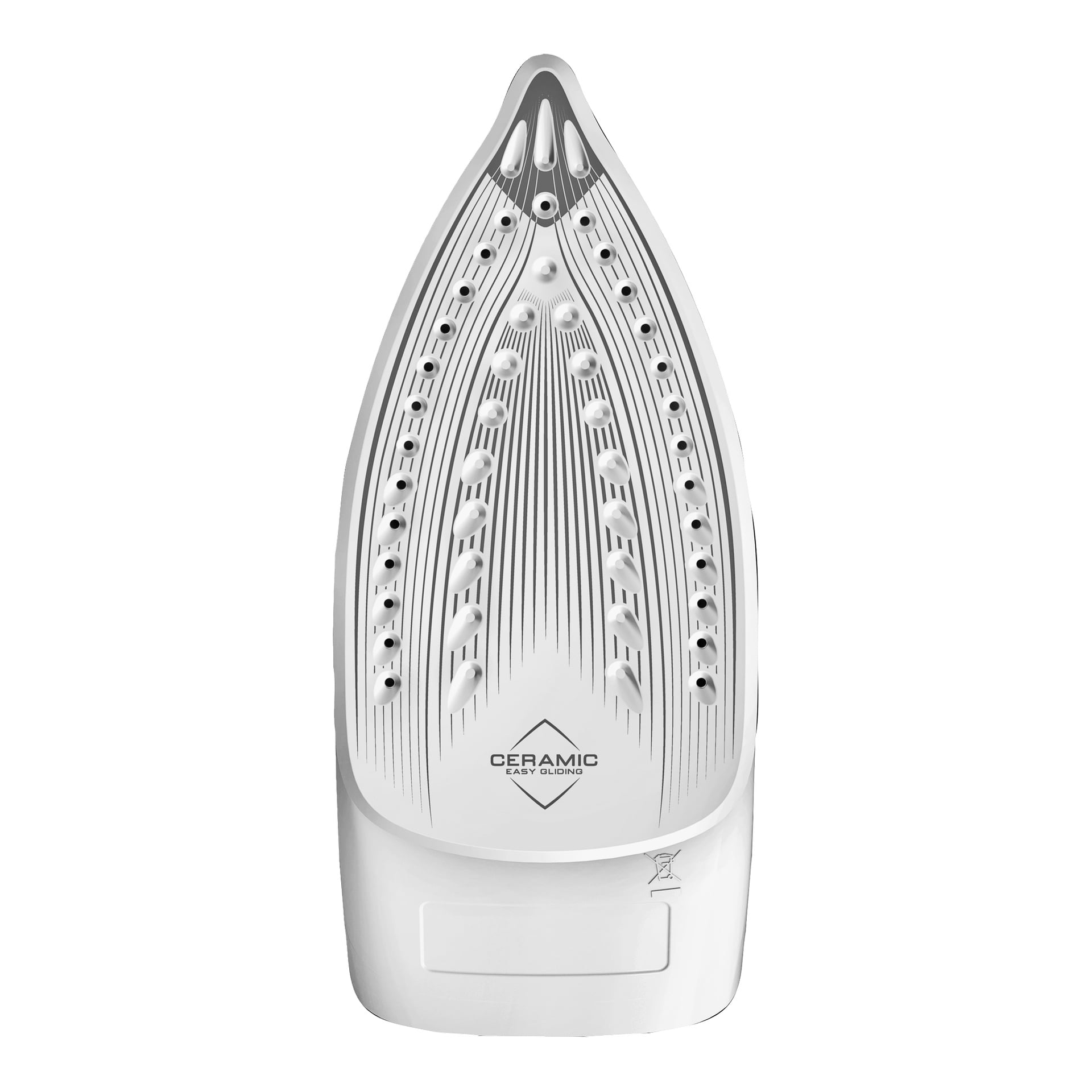 Zbliżenie na podeszwę żelazka Tefal Virtuo 30, która ma kilka otworów parowych i napis CERAMIC EASY GLIDING na biało-szarym końcówce.