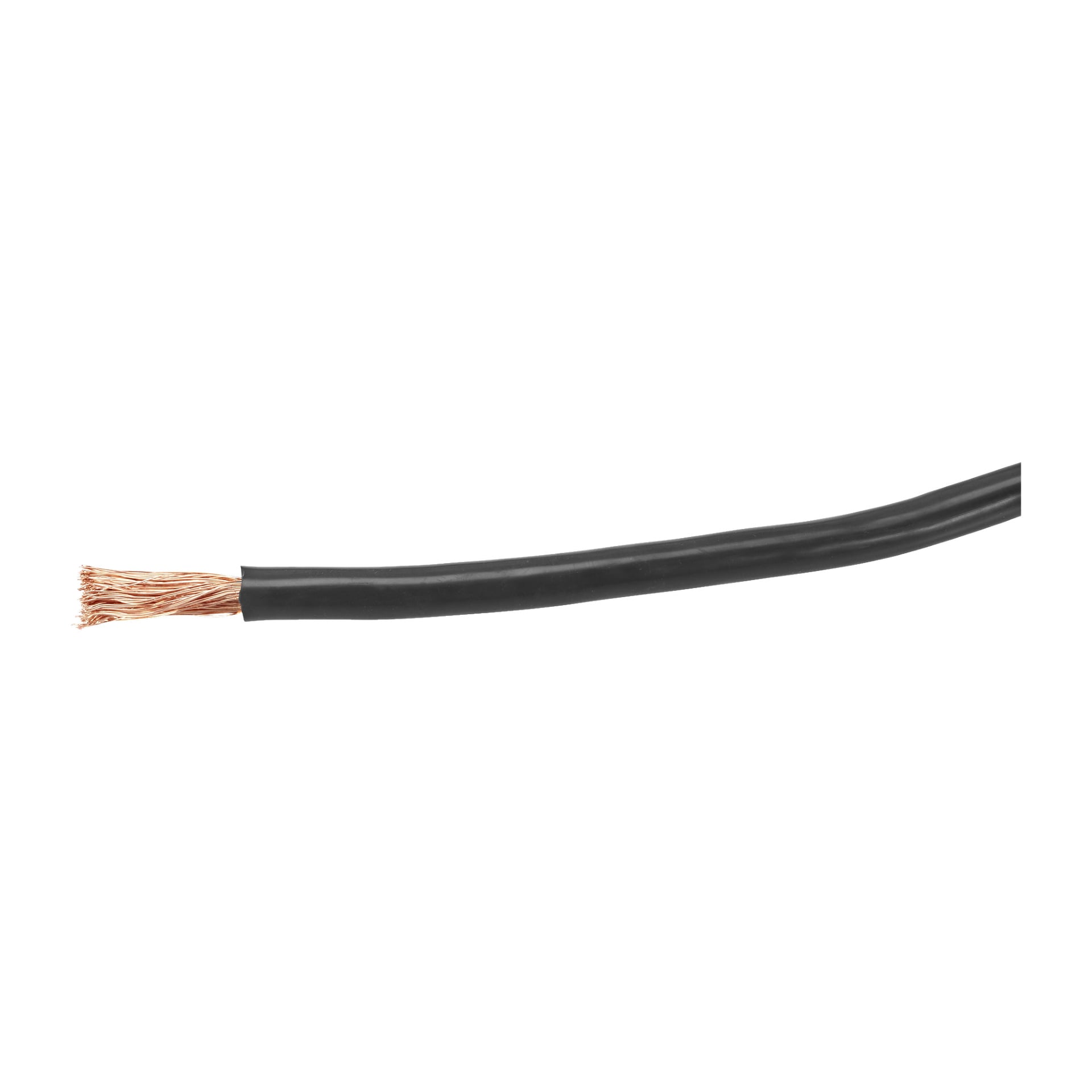 En närbild på en svart Hamron Battery-kabel med isoleringen borttagen i änden, vilket blottar flera koppartrådar inuti.