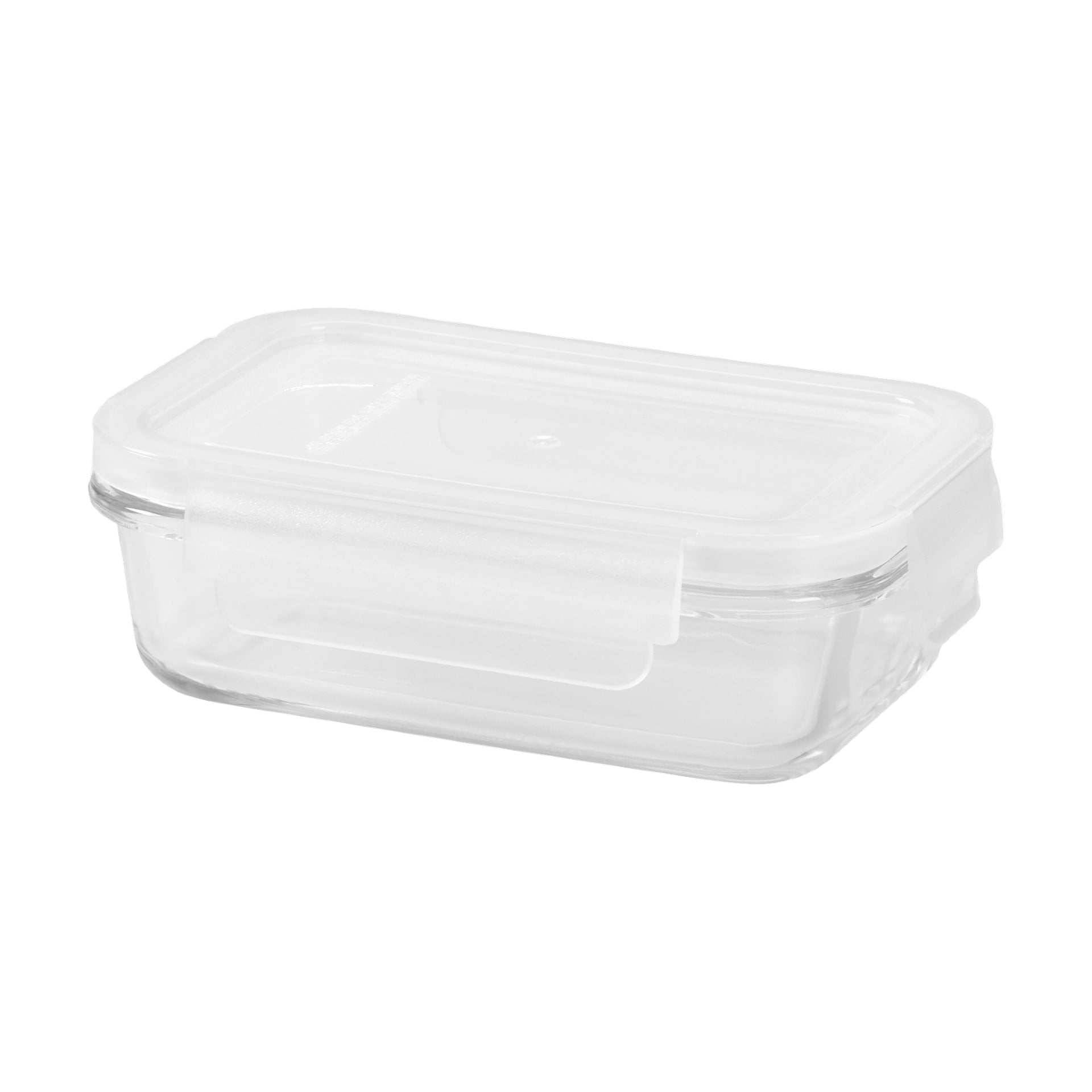 En tom, rektangulær glassboks av Menuett Food med gjennomsiktig plastlokk og sidelåser vises.