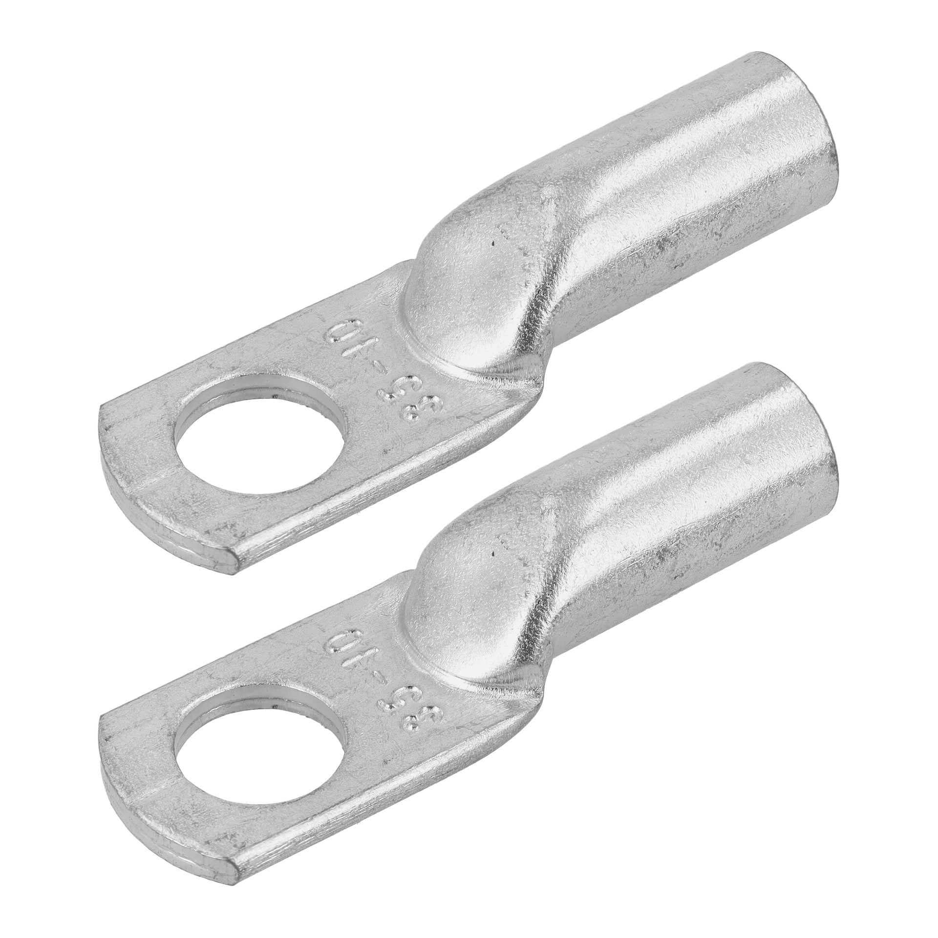 Två metallkabelfästen med platta ändar och stora hål, rörformade kontakter i de andra ändarna, parallellt med varandra.