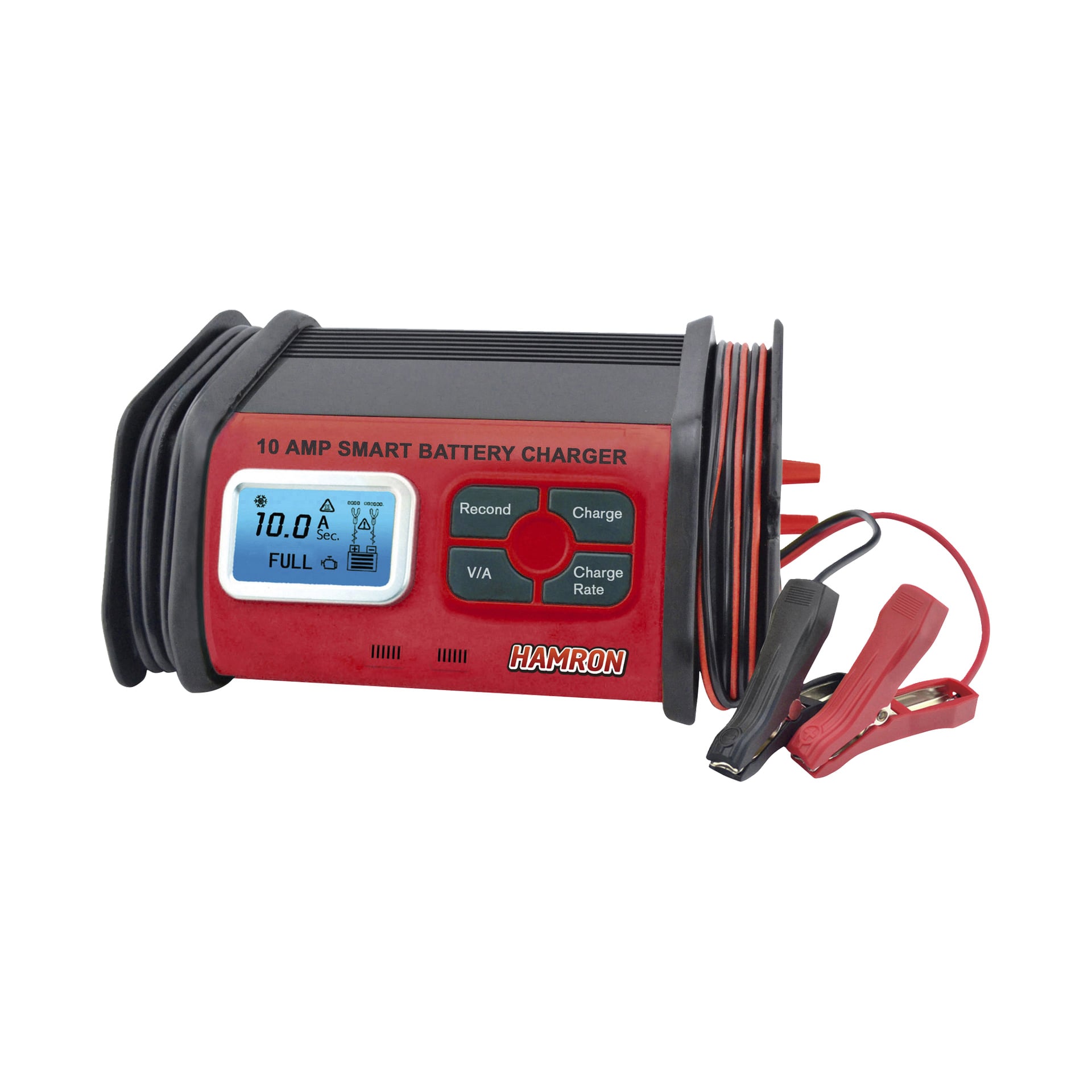 Hamron batteriladdare med röd och svart färgschema, digital display som visar laddningsdetaljer, olika kontrollknappar och kablar som slutar i alligatorklämmor.
