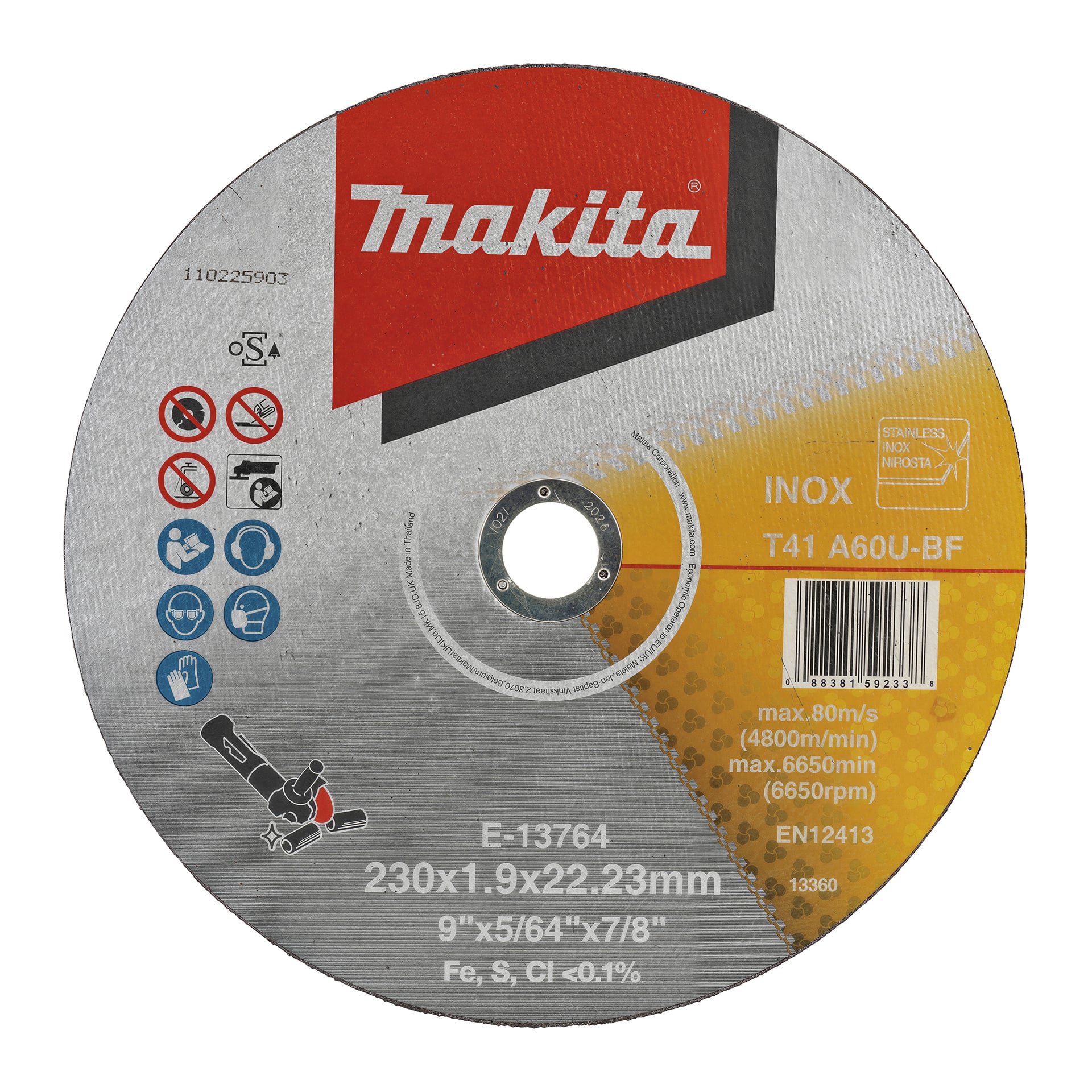 Makita avskärningshjul för vinkelslip, ett cirkulärt metallblad märkt INOX T41 A60U-BF (230x1,9x22,23 mm, 9x5/64x7/8) med säkerhetsikoner och tekniska specifikationer inklusive hastighetsklassning.