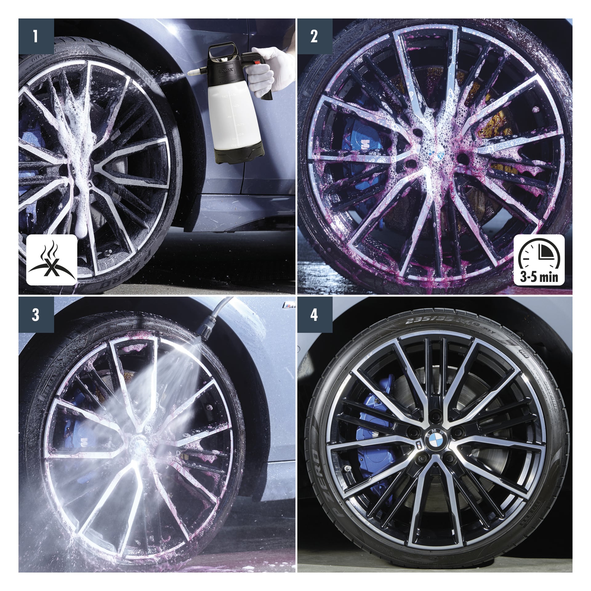 Nelivaiheinen opas näyttää, kuinka henkilö levittää Sonax Rim -puhdistusainetta Xtreme auton renkaalle, vaahto muuttuu punaiseksi reagoidessaan, huuhtelee pyörän vedellä ja lopputulos on puhdas.