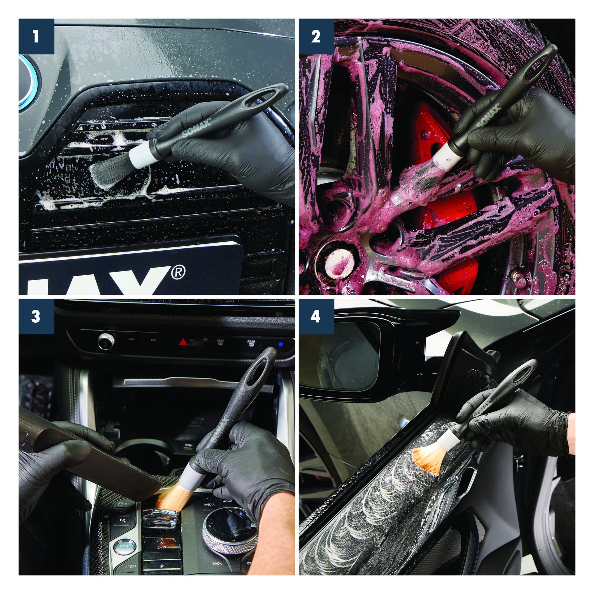 Ett fyrpanelscollage som visar en person med svarta handskar som använder Sonax Deep cleaning brushes Profiline 2-pack för att rengöra bilens exteriöra lister, hjul, mittkonsol och dörrpanel.
