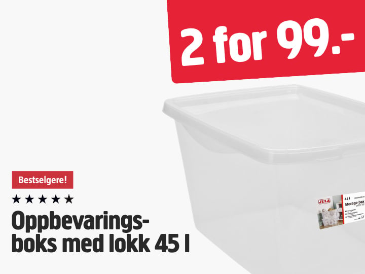 Gjennomsiktig oppbevaringsboks i plast med lokk, merket 45 l og Oppbevaringsboks med lokk, med et reklameskilt der det står 2 for 99.- og Bestselgere! over produktnavnet.