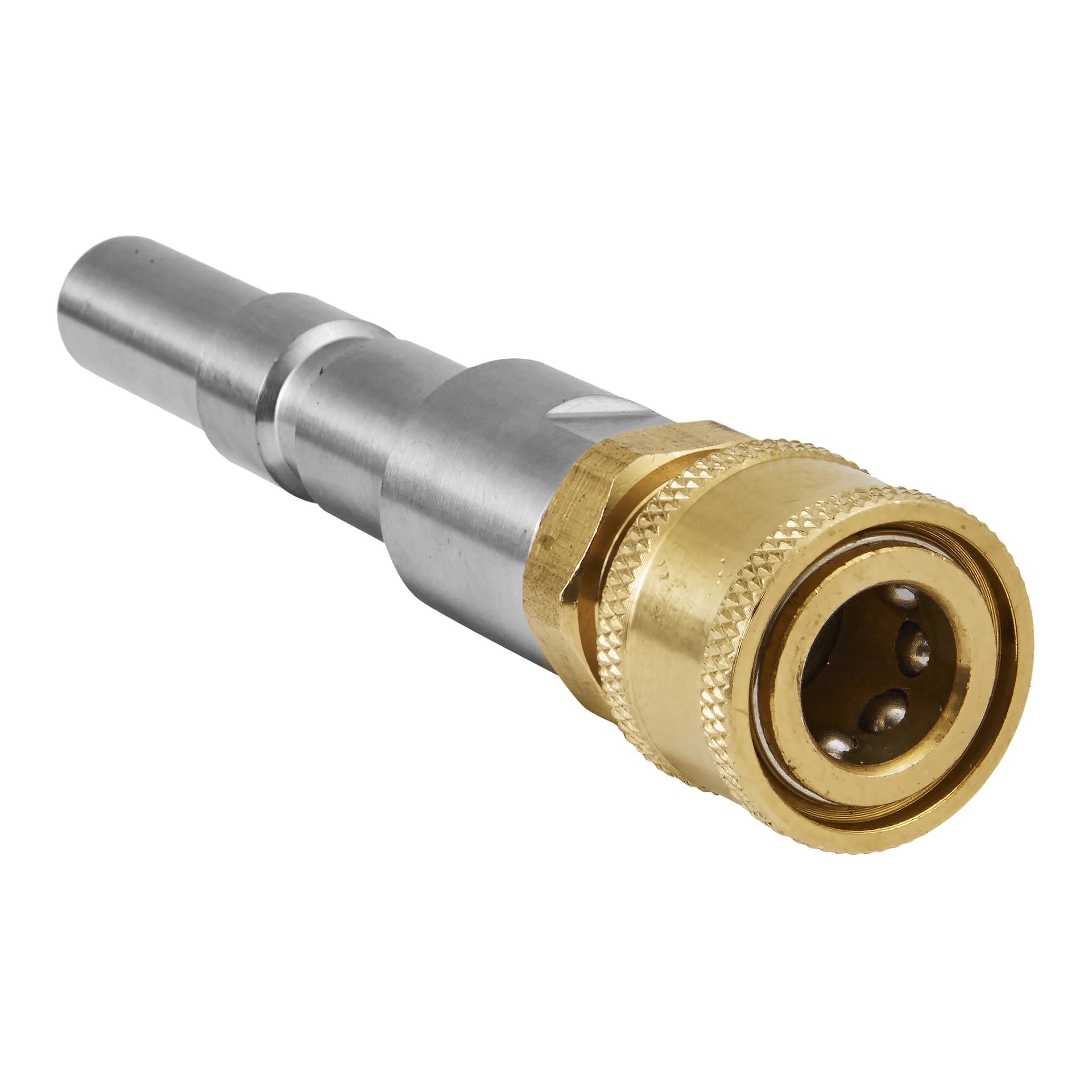Sonax-adapter för Nilfisk/ERGO-skummunstycke Profiline QuickConnect, med silverfärgad cylindrisk bas och en guldtonad räfflat gängkoppling.