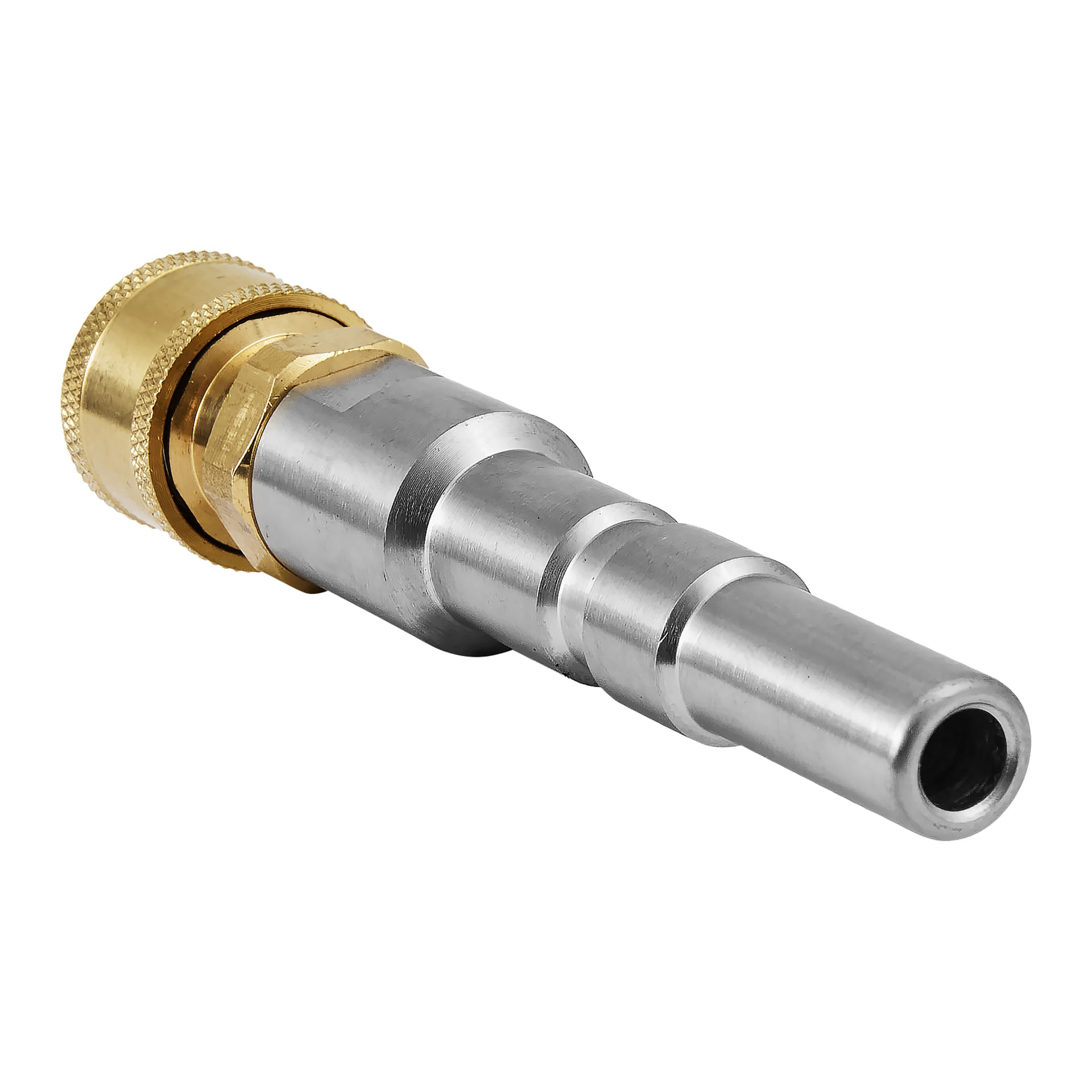 En Sonax-adapter för Nilfisk/ERGO-skummunstycke Profiline QuickConnect, med en guldfärgad gängade ände och en silverfärgad trappstegscylindrisk metallkropp.