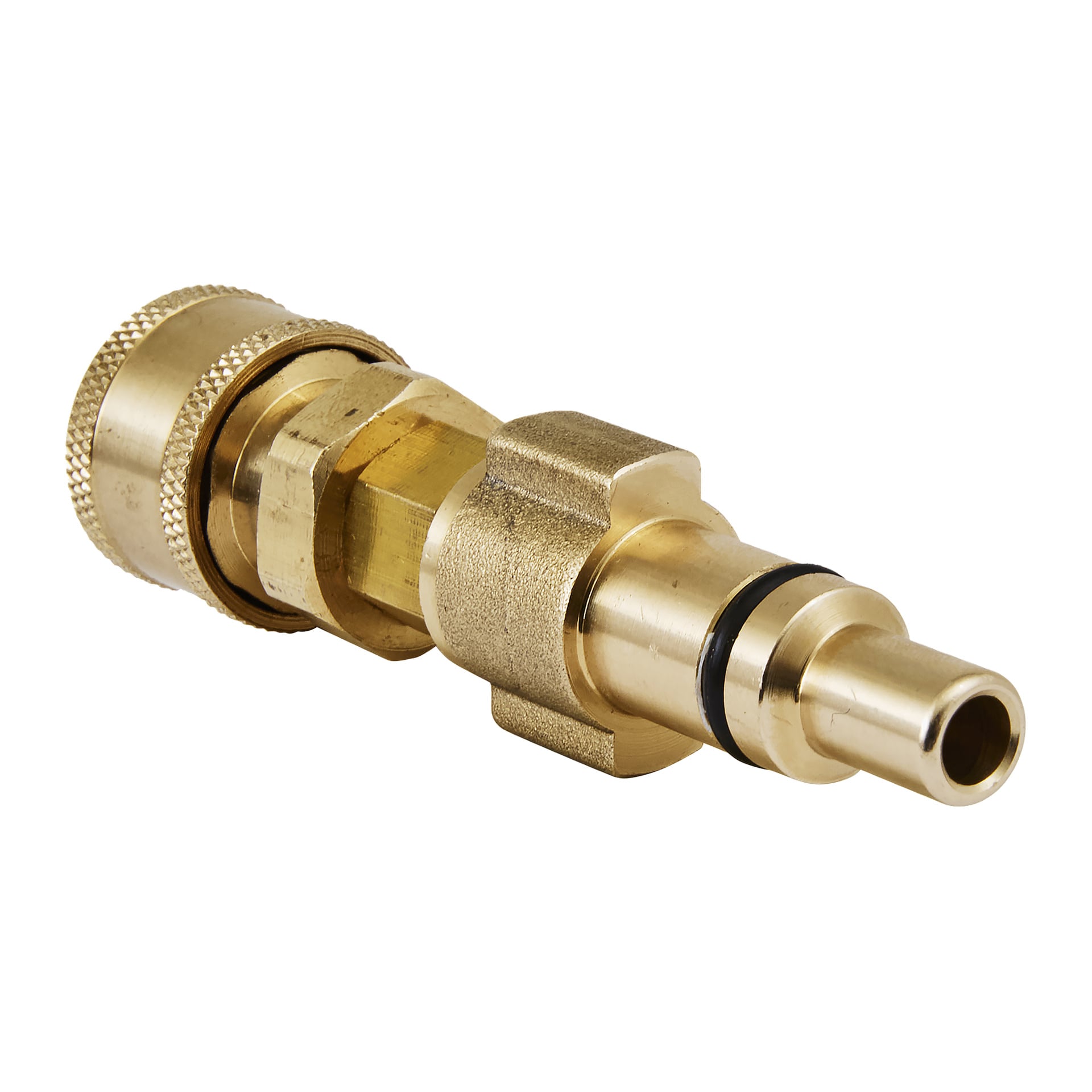 Sonax Lavor-adapter för skummunstycke Profiline QuickConnect med en mässingskropp med räfflad kontakt i ena änden och en snabbkontaktkontakt med en svart O-ring i den andra.
