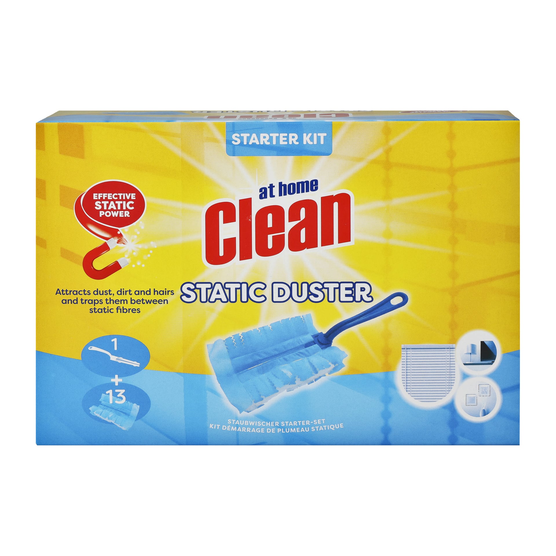 Hemma rengör en statisk dammtork startpaket med texten STARTER KIT, Clean, STATIC DUSTER, EFFECTIVE STATIC POWER, Attractions dust, dust and hairs, 1 + 13, STAUBWISCHER STARTER-SET och KIT DÉMARRAGE DE PLUMEAU STATIQUE.