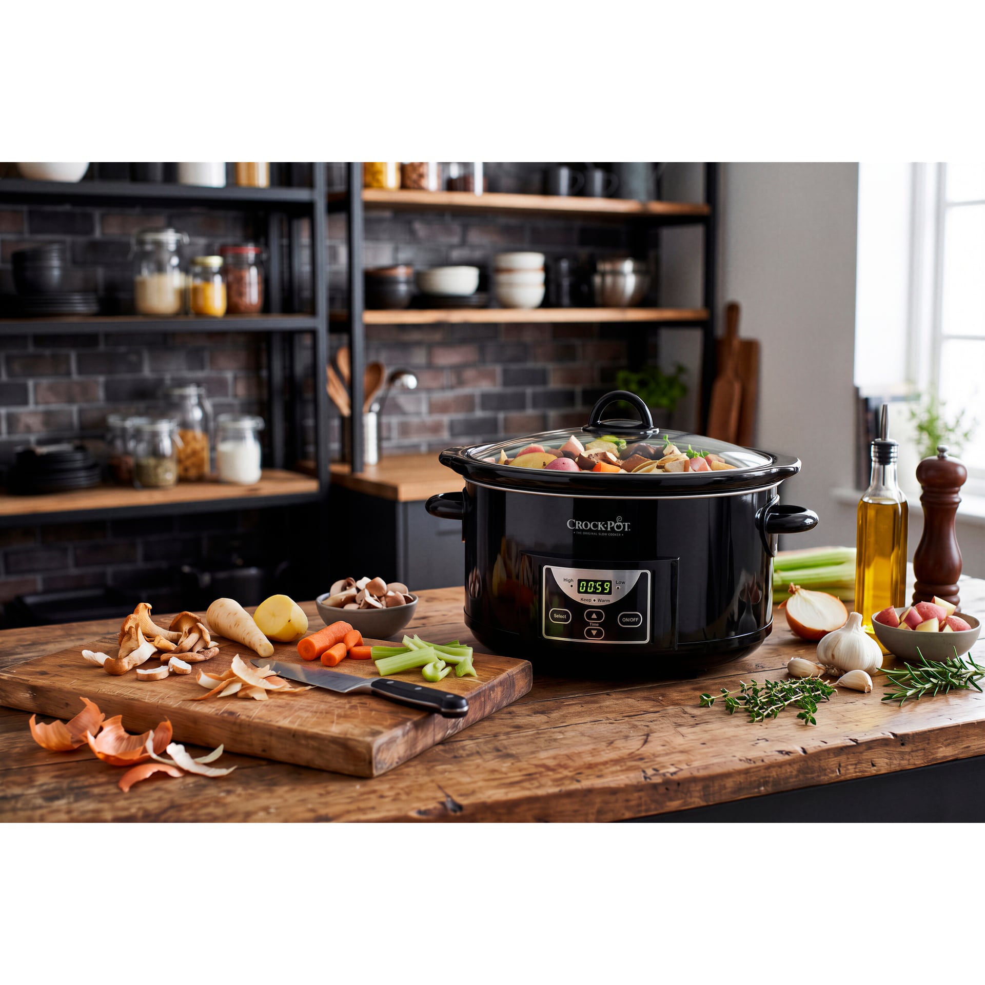Svart Crockpot slow cooker med glaslock fyllt med hackade grönsaker, stående på en träbänk bredvid ingredienser för tillagning.