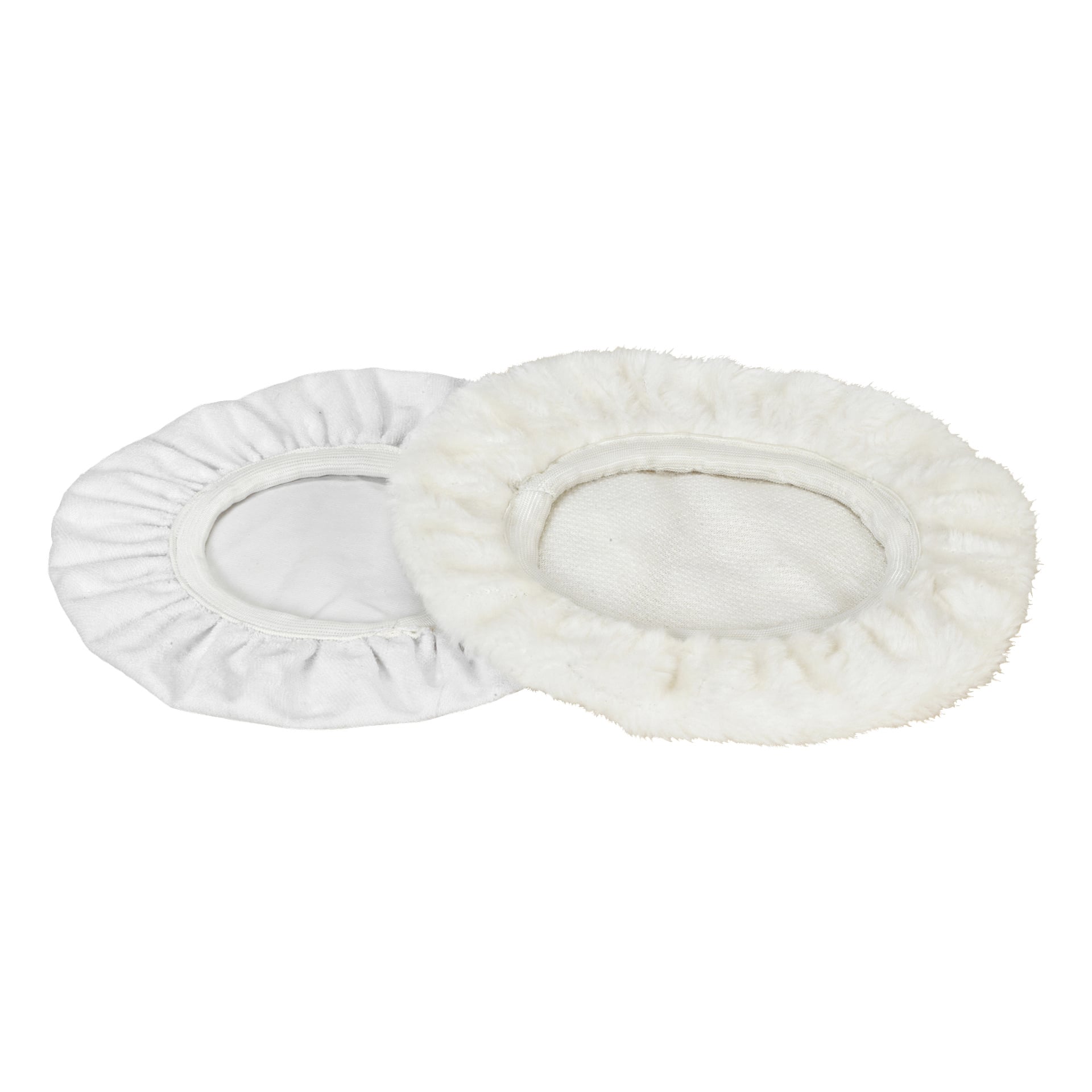 Zwei ovale weiße Meec Tools Polierhauben überlappen sich, wobei eine ein glattes Finish und die andere einen fluffigen, strukturierten Look zeigt.