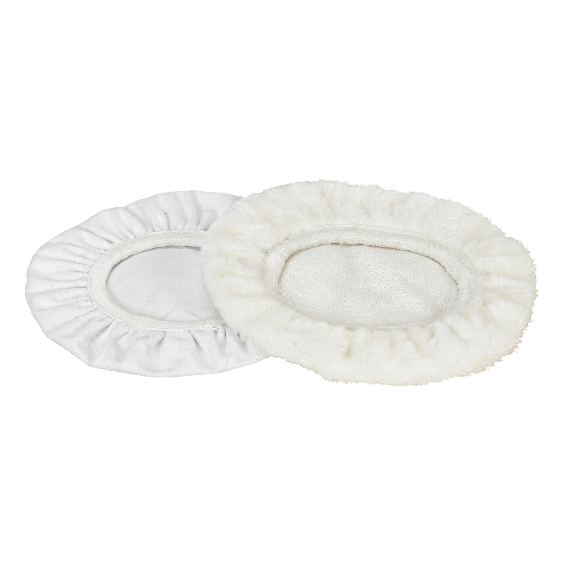 Två ovala vita Meec Tools Polishing Bonnets överlappar, där den ena har en slät finish och den andra en fluffig, texturerad look.