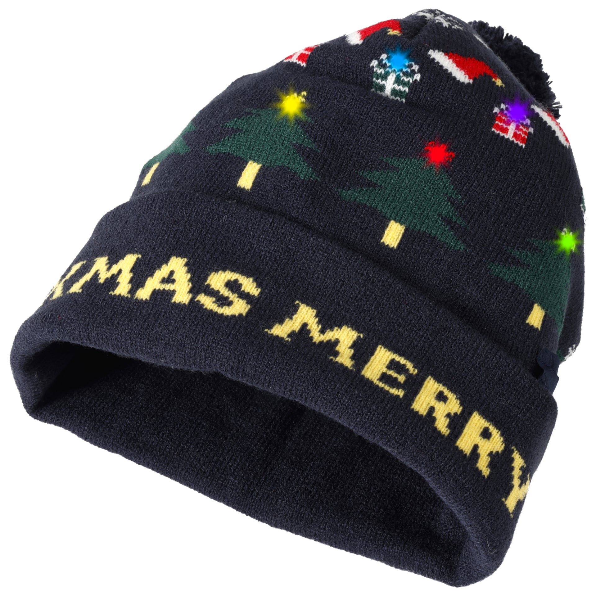 Bluewear-jouluhattu polttimilla, tummansininen neulelakki, jossa on joulukuusia, lahjoja, pompom-pomia ja valaistuja lamppuja, ja hihansuessa XMAS MERRY neulottuna.