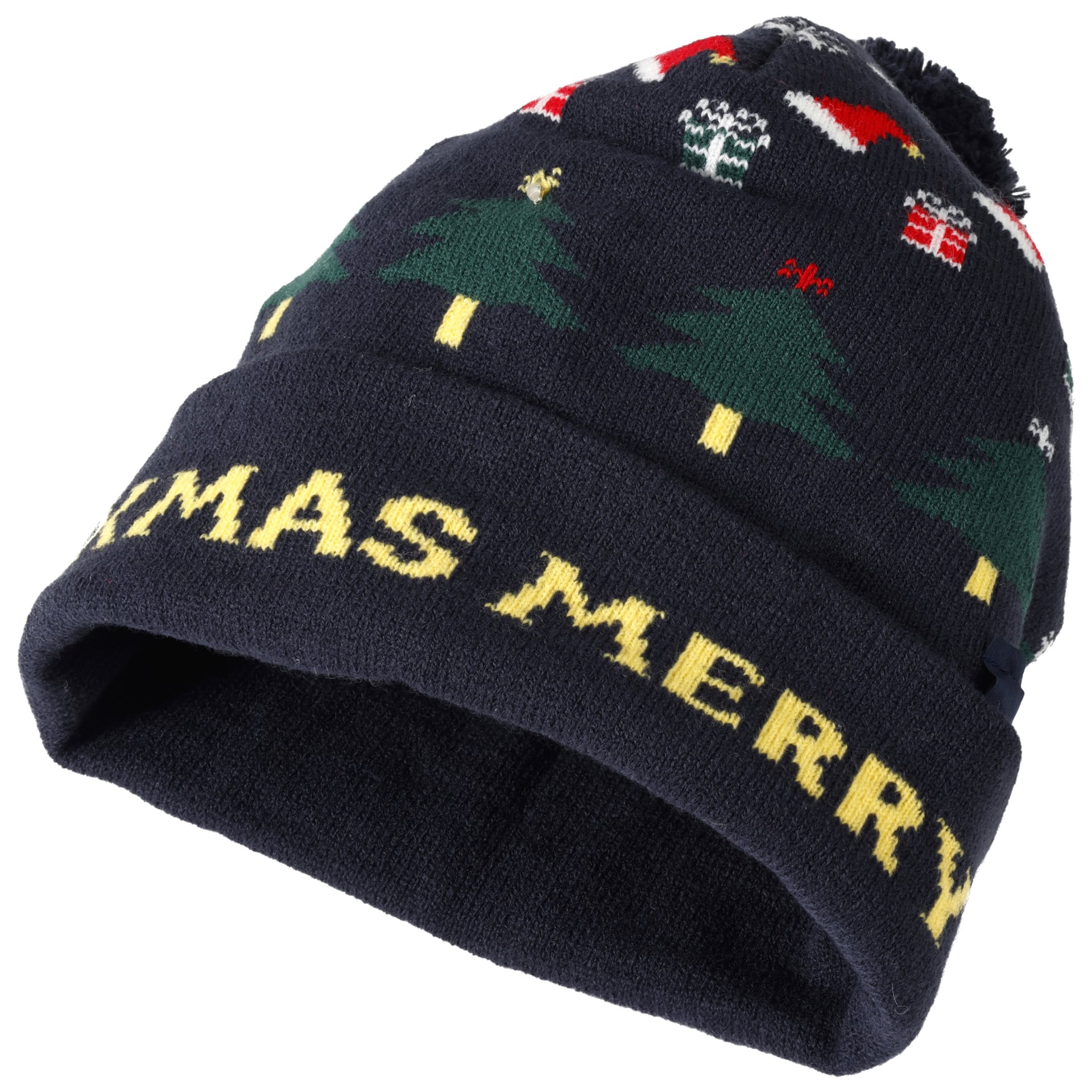 Bluewear-jouluhattu tummansinisessä neuleessa, pompomilla, joulukuusen ja lahjojen kuvio sekä teksti MERRY XMAS hihansuessa.