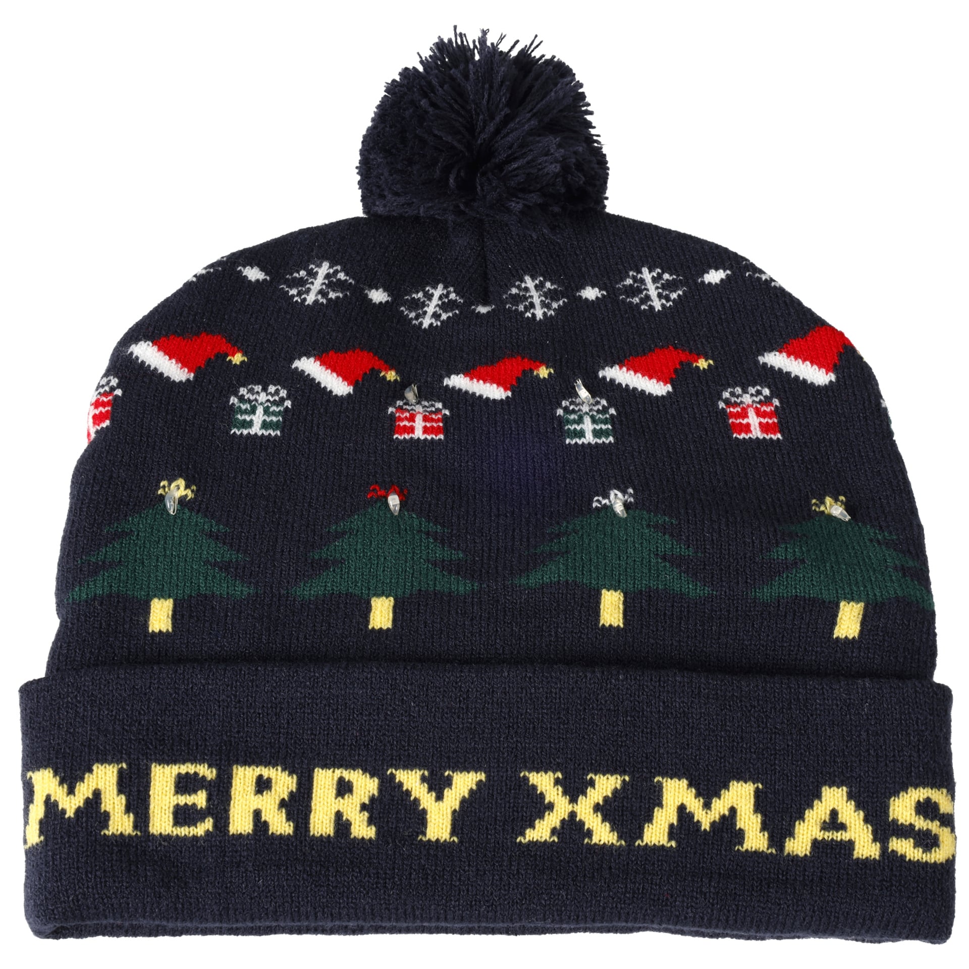 Bluewear-jouluhattu sipulilla, tummansininen neulottu pom-pom-hattu, jossa on Joulupukin hattujen, lahjalaatikoiden ja joulukuusten kuvio, ja keltaisella tekstillä teksti MERRY XMAS taitetun lierin varrella.