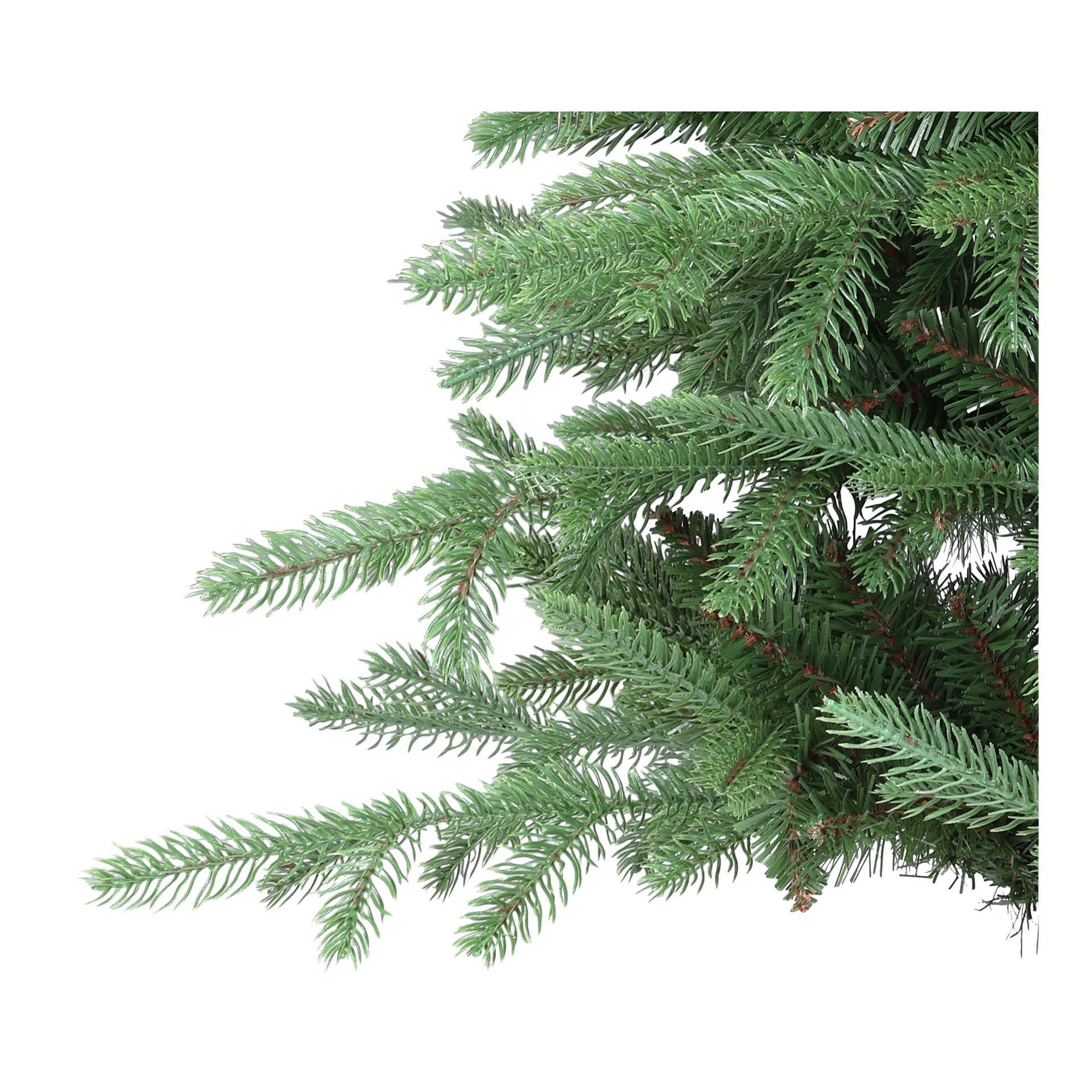 Nahaufnahme der künstlichen grünen Kiefernzweige eines kleinen Weihnachtsbaums im Korb von EKVIP.