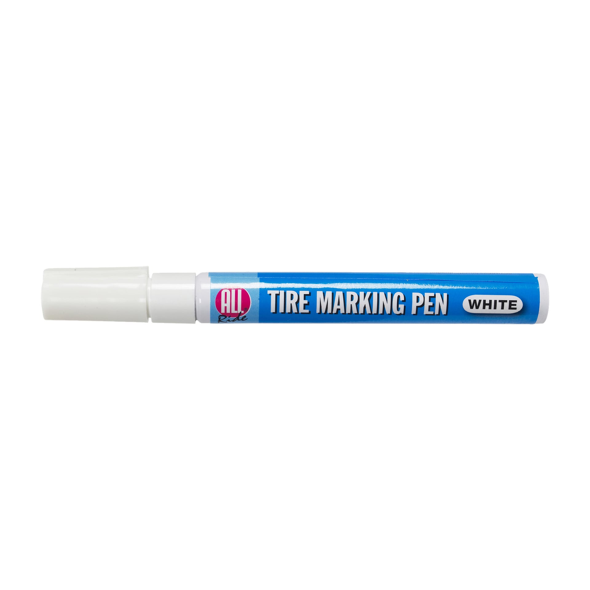En blå cylindrisk däckpenna med vit lock, märkt "Tire Marking Pen WHITE" och med "All Ride"-logotypen på vänster sida.