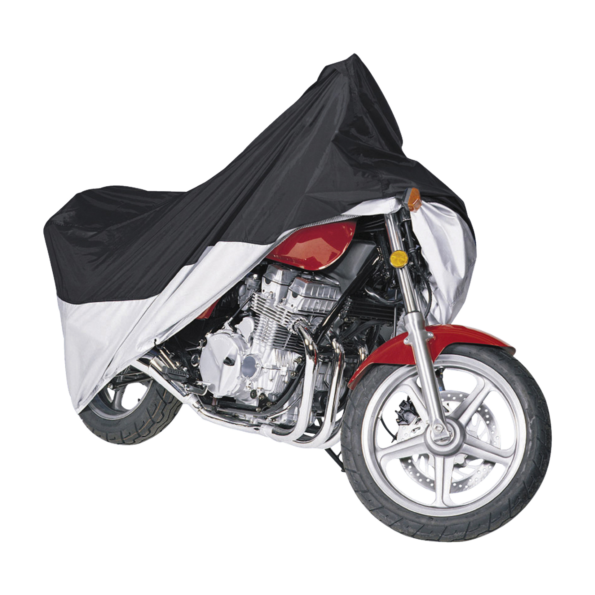Czerwony motocykl częściowo ukryty jest pod czarno-szarą osłoną Kayoba Motorbike, z odsłoniętym przednim kołem, reflektorem i częścią silnika, podczas gdy reszta pozostaje ukryta.