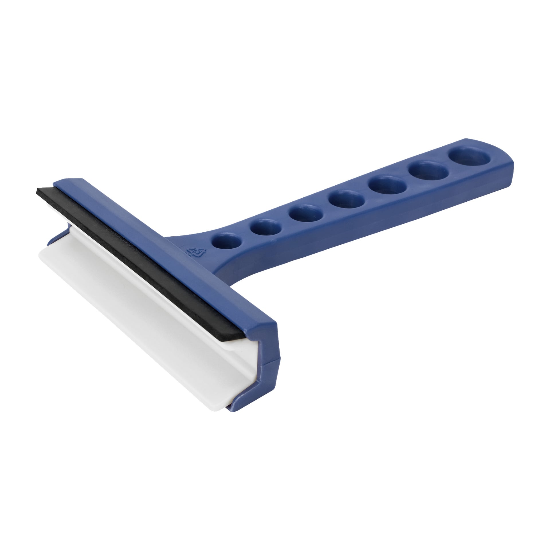 En stor blå og hvit Kungs Ice Scraper med et hullmønstret håndtak står ved siden av en mindre svart-hvit versjon av samme design.