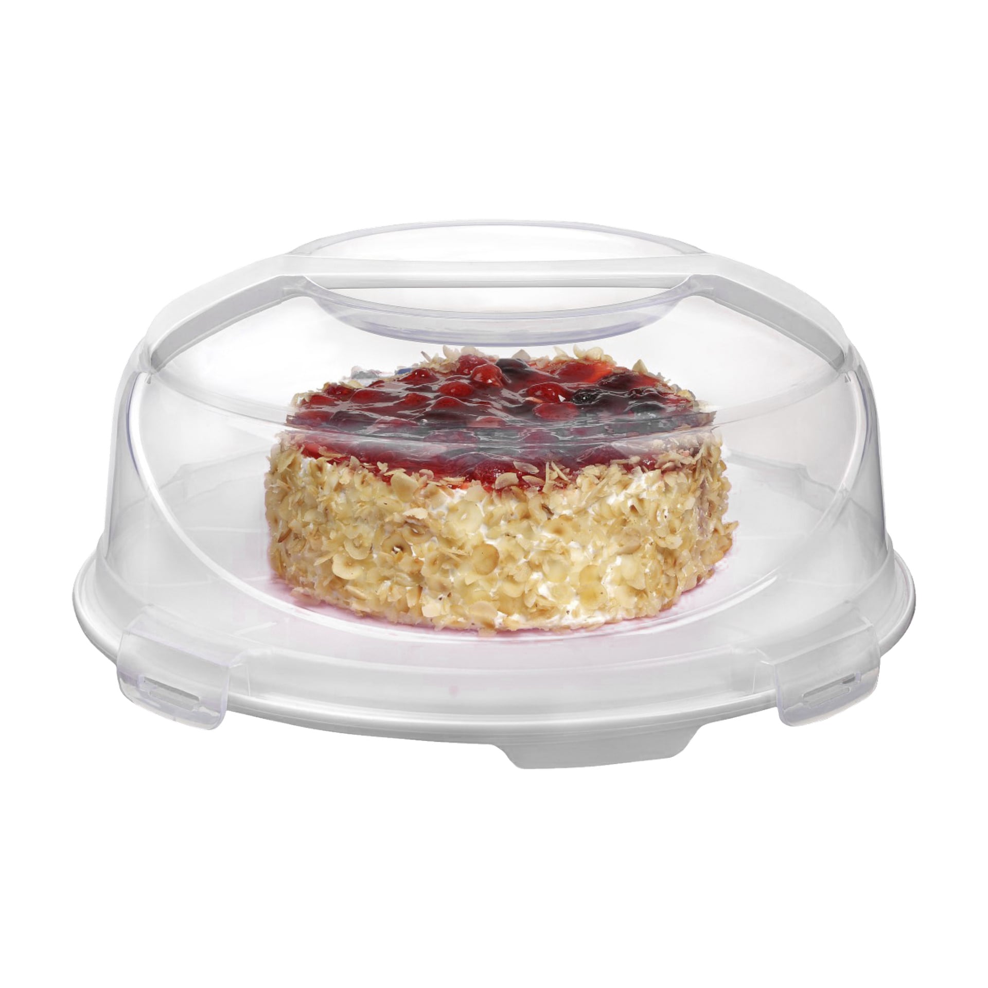 En rund tårta toppad med frukt och täckt med nötter på sidorna placeras i en Menuett Cake-låda, som är en transparent plastbehållare med ett säkert lock.
