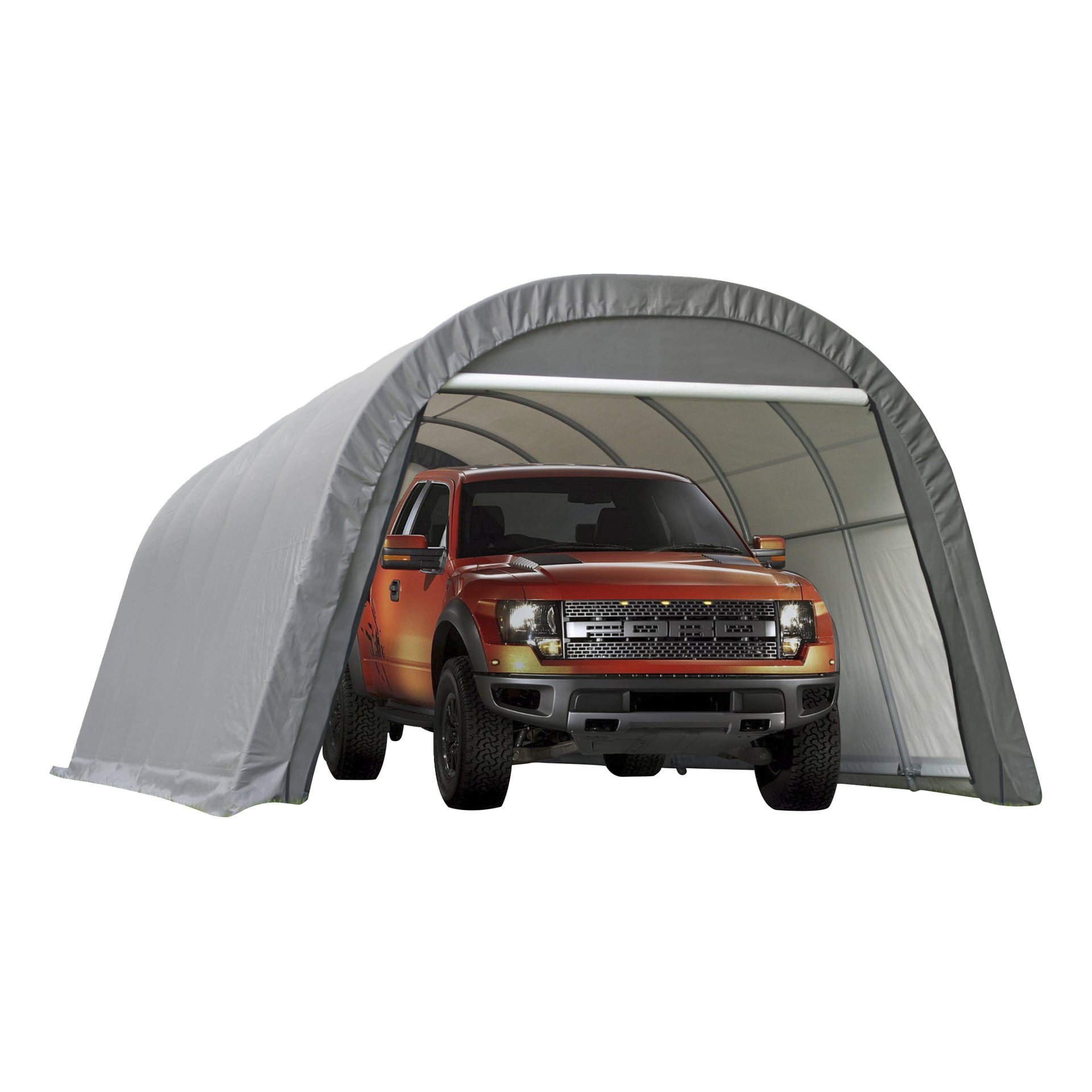 Ein roter Pickup steht in einem Hamron Garage Tent, einem tragbaren grauen Stoffcarport mit abgerundetem Dach und offener Vorderseite. Der Trägerrahmen ist durch das halbtransparente Material des Zeltes sichtbar.