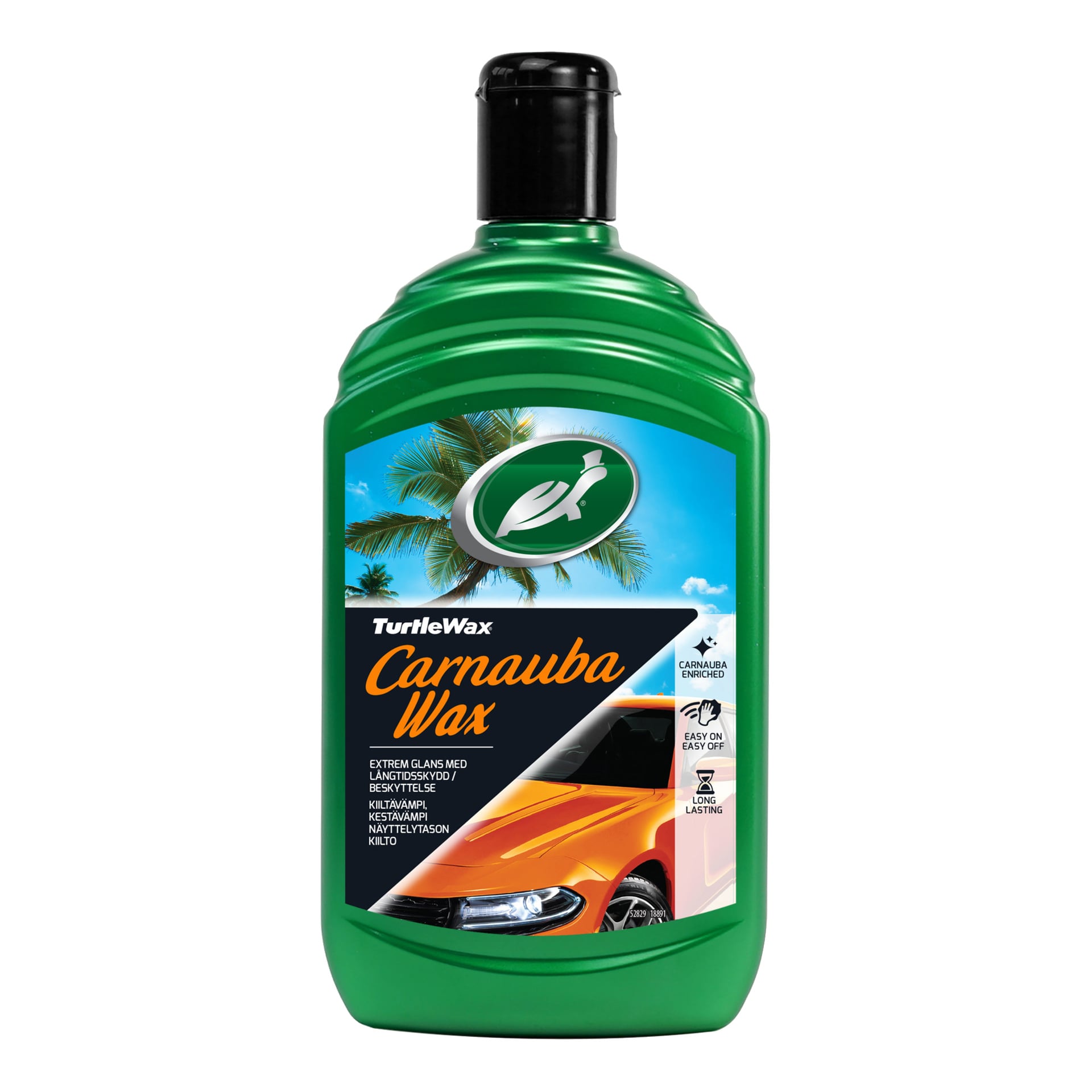 En grön Turtle Wax Carnauba Wax-flaska med en etikett som visar palmer, en röd bil och påståenden om enkel användning och långvarig glans.