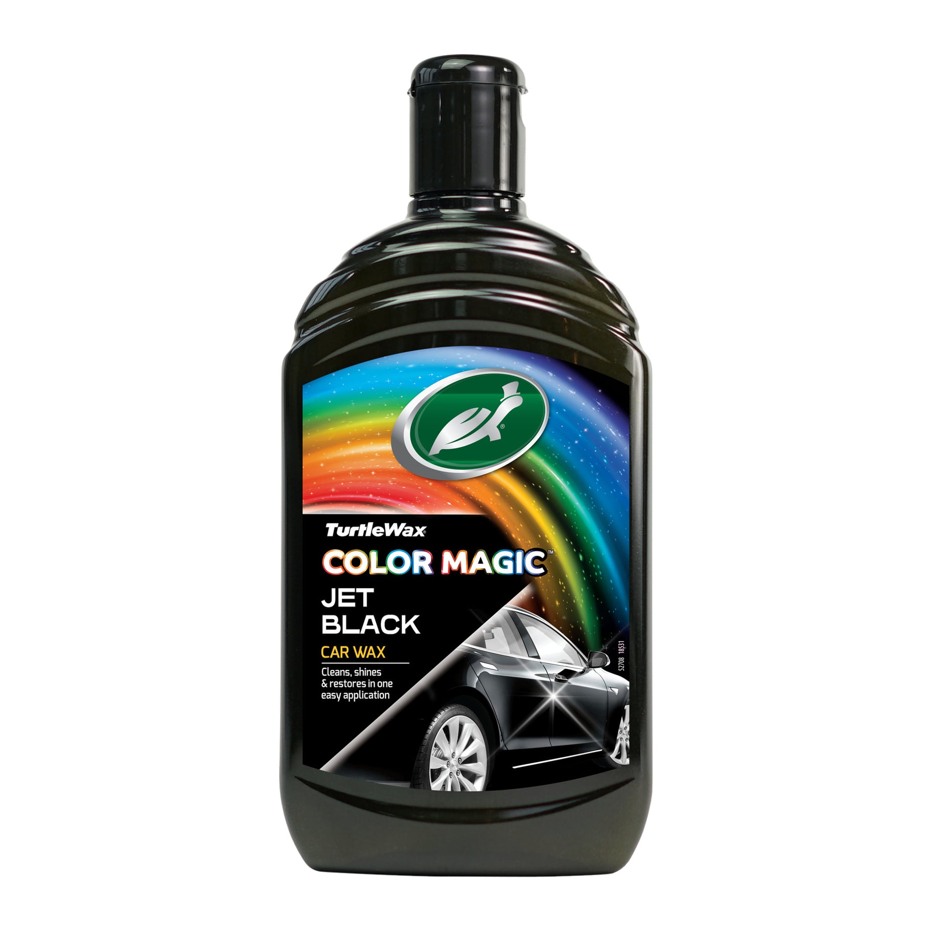 Butelka wosku Turtle Wax Colour Color Cure z etykietą czarnego samochodu, żywymi tęczowymi akcentami i logo Turtle Wax. Na etykiecie jest napisane, że czyści, błyszczy i przywraca wszystko w jednym kroku.